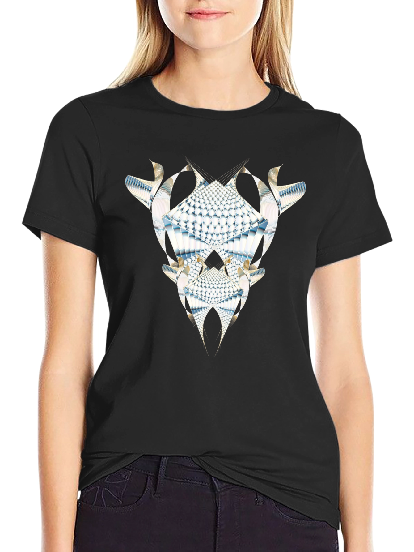 Abstract Fractal Graphic Tee - Black Cotton Casual