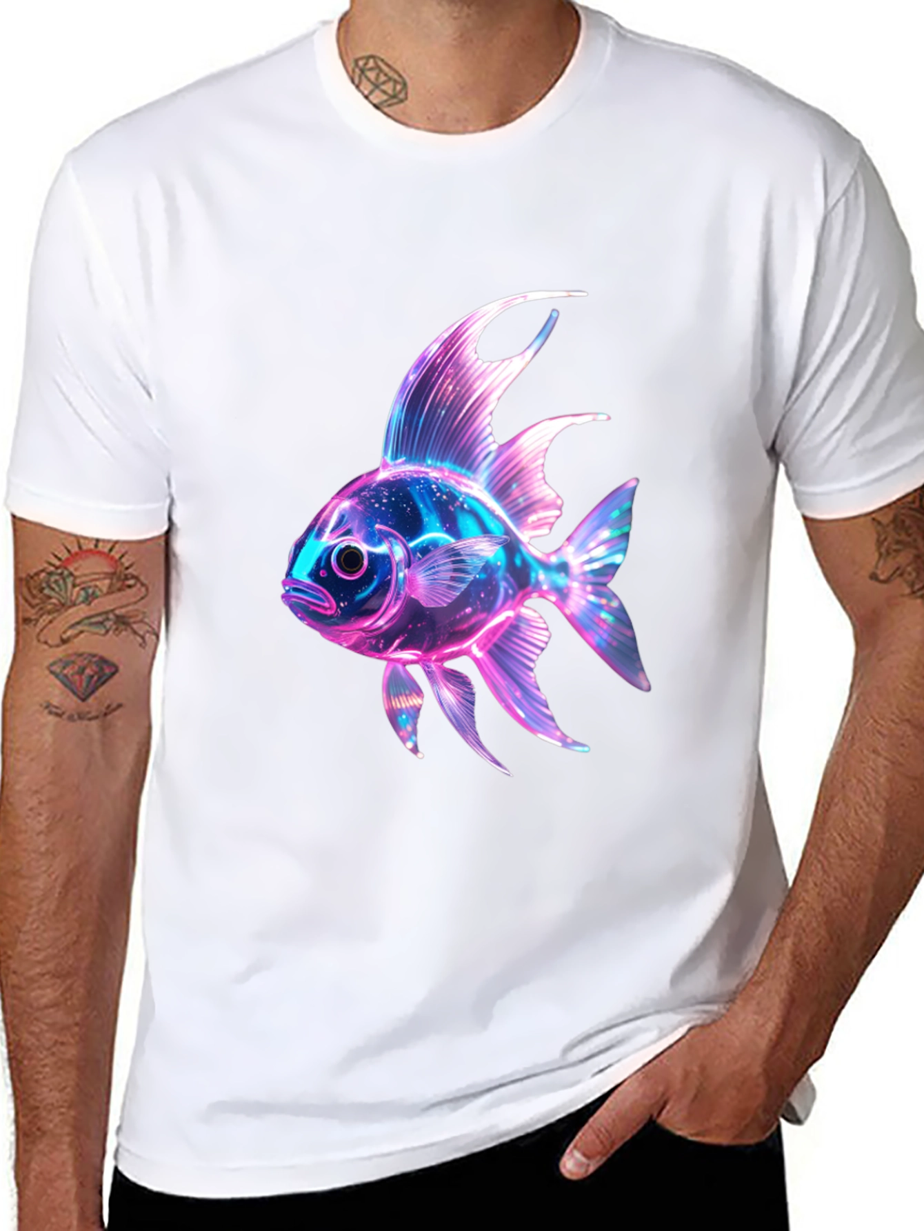 Neon Fish Graphic Print Black T-Shirt