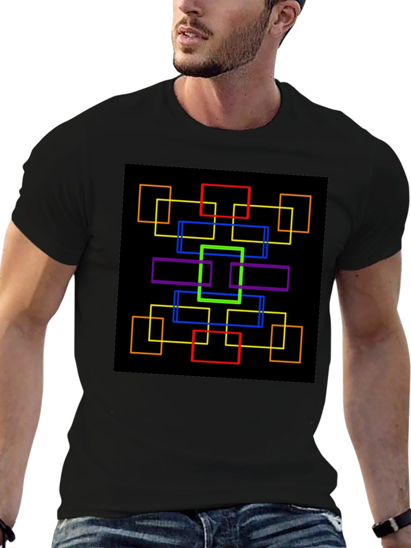 Geometric Squares Graphic Black T-Shirt