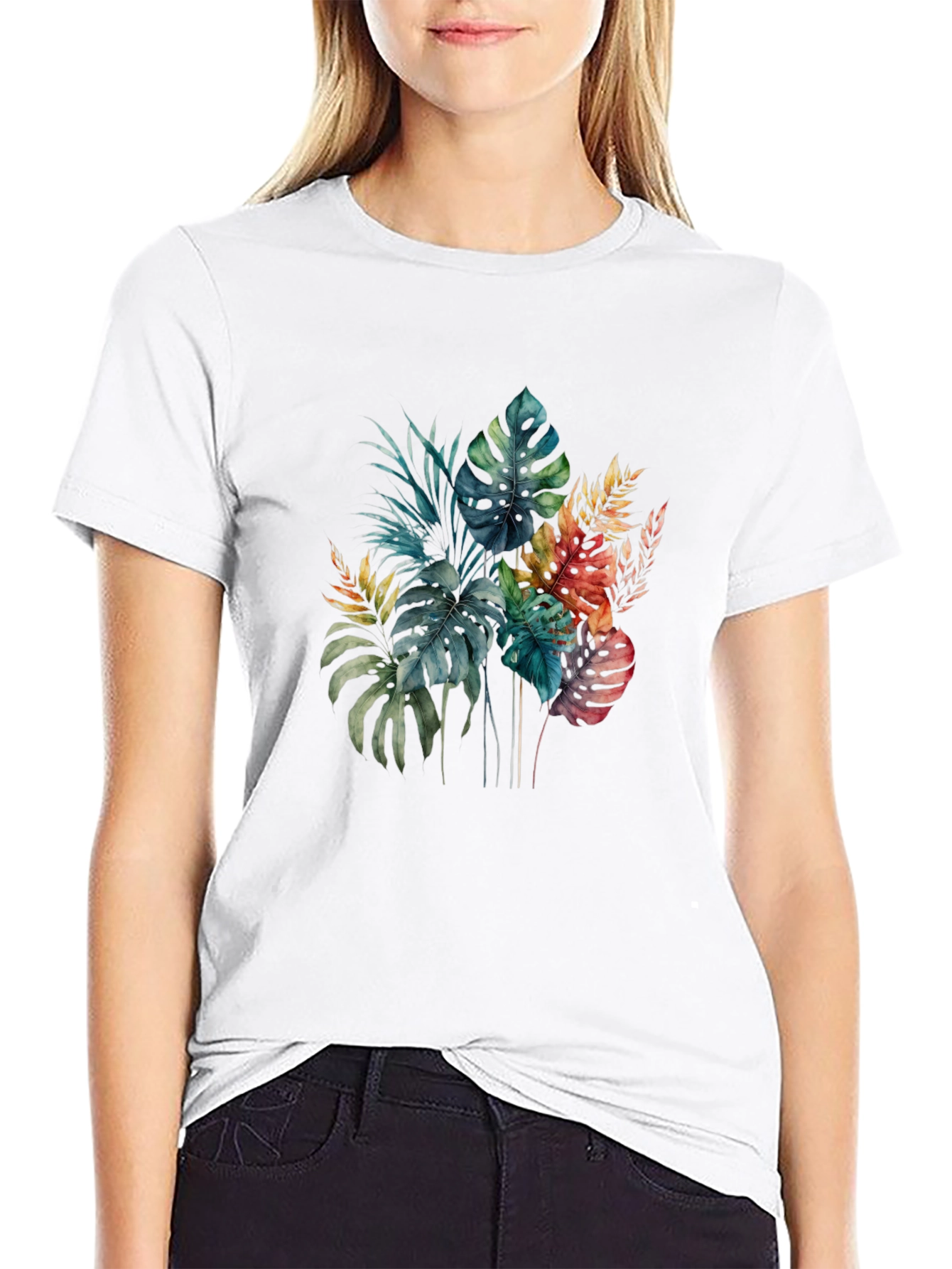 Tropical Leaf Print Black T-Shirt