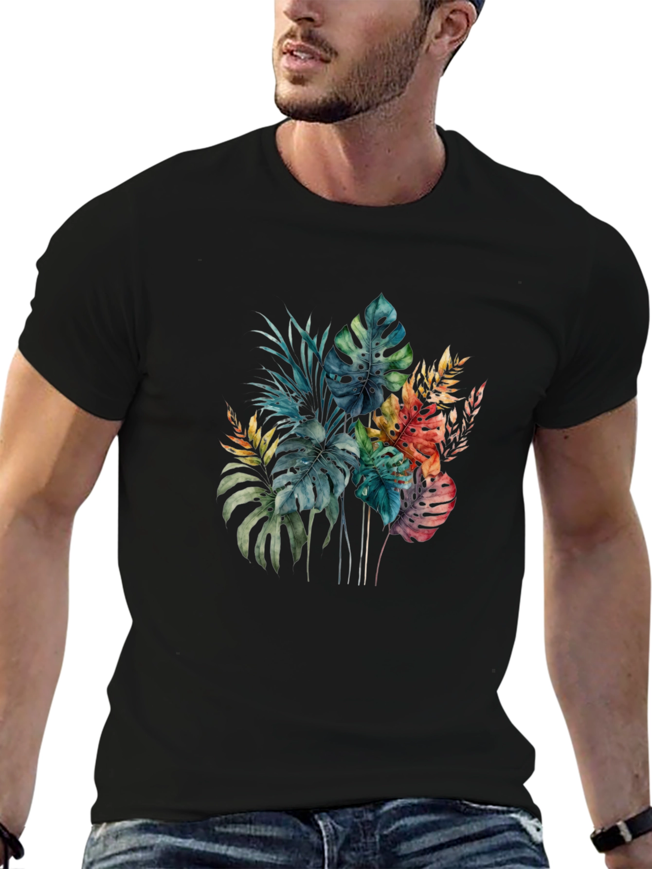 Tropical Leaf Print Black T-Shirt