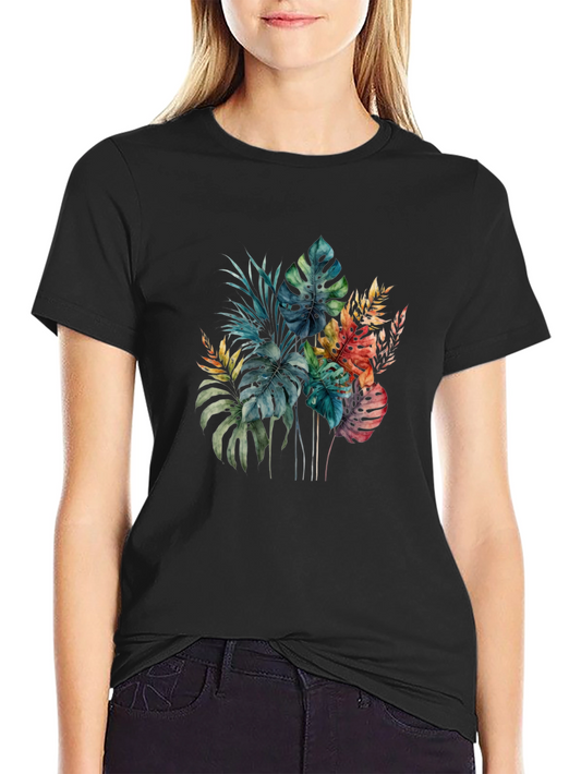 Tropical Leaf Print Black T-Shirt