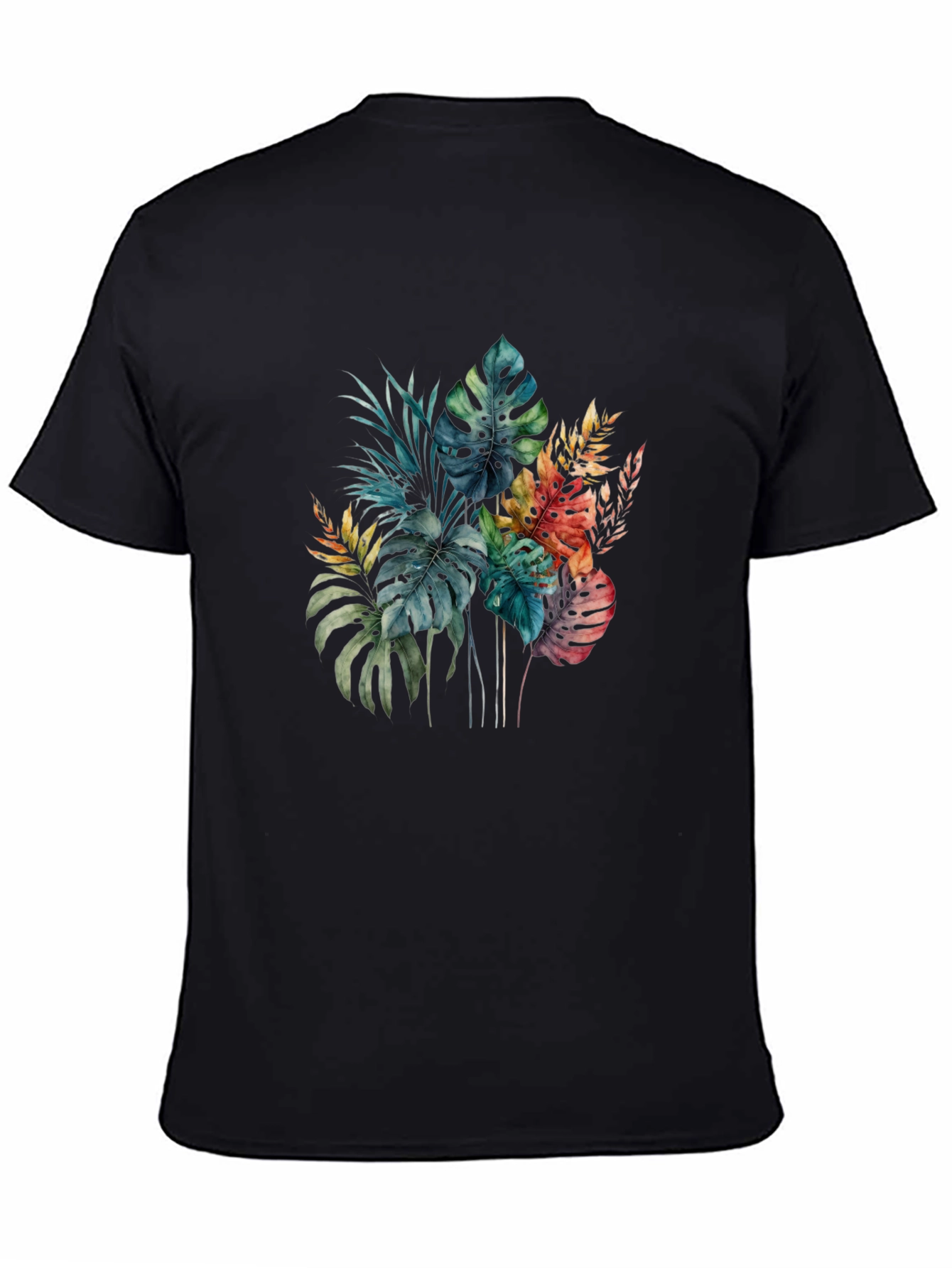 Tropical Leaf Print Black T-Shirt