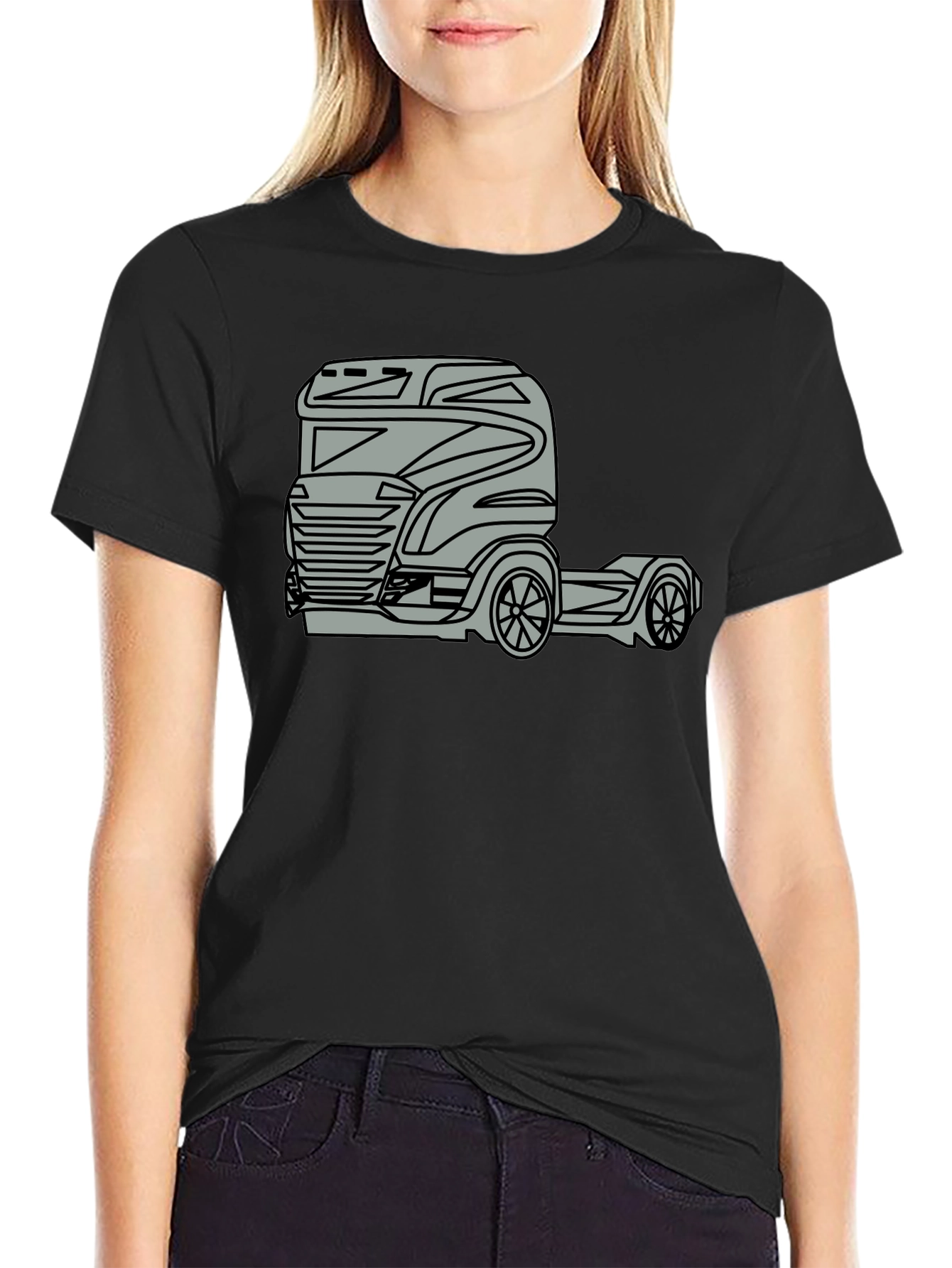 Truck Graphic Tee - Modern Black Cotton Blend T-Shirt