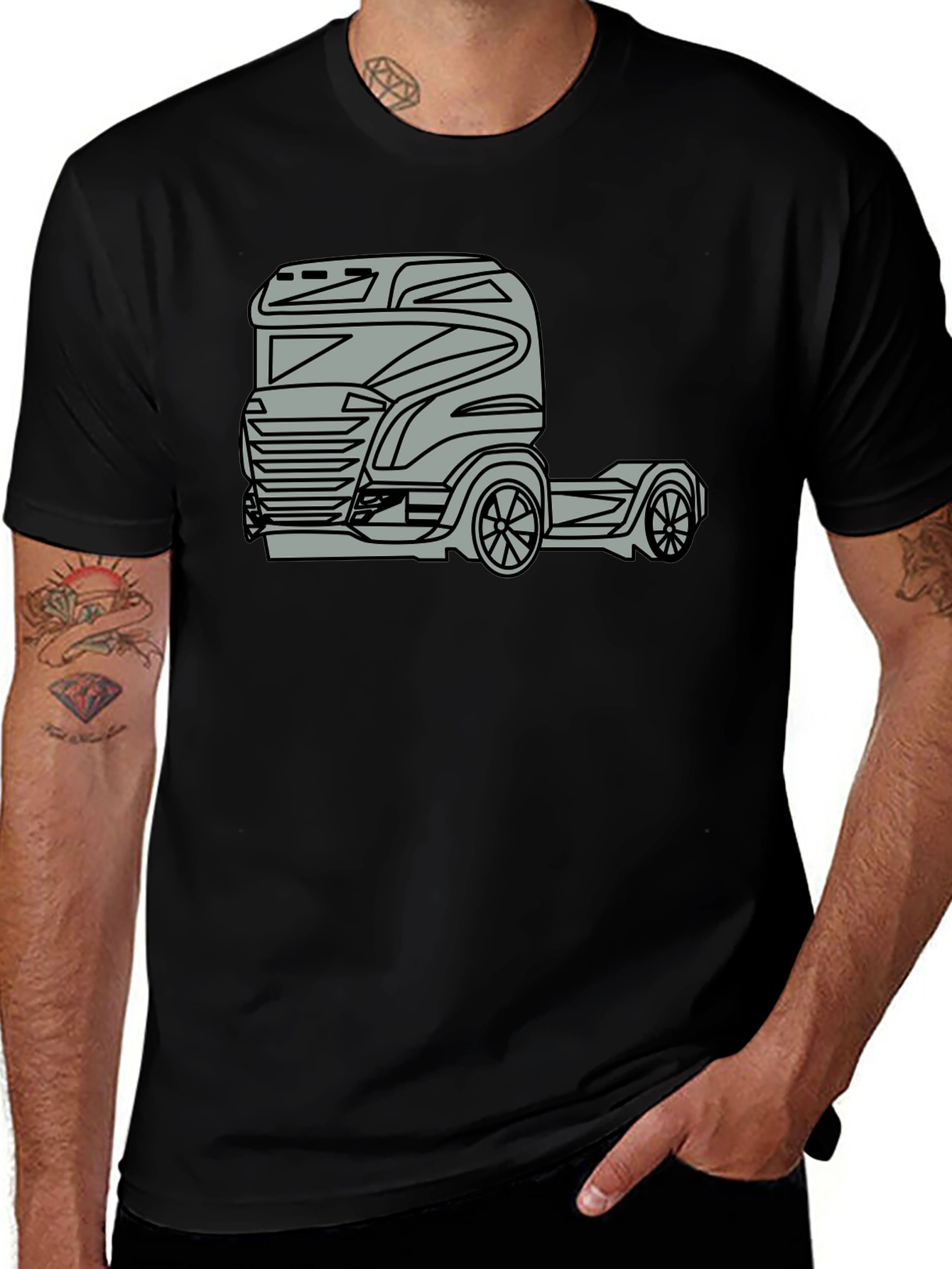 Truck Graphic Tee - Modern Black Cotton Blend T-Shirt