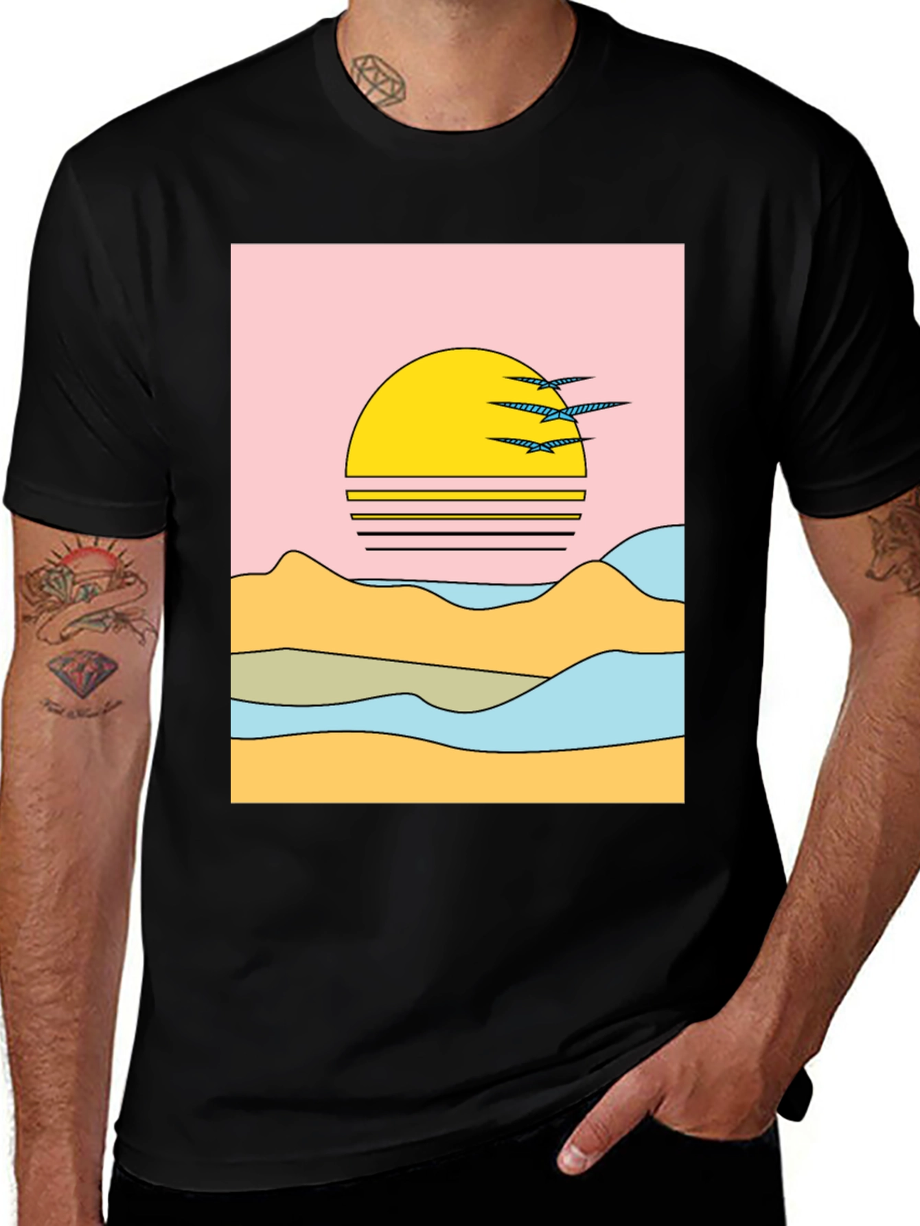 Retro Sunset Graphic Tee - Black Cotton Comfort