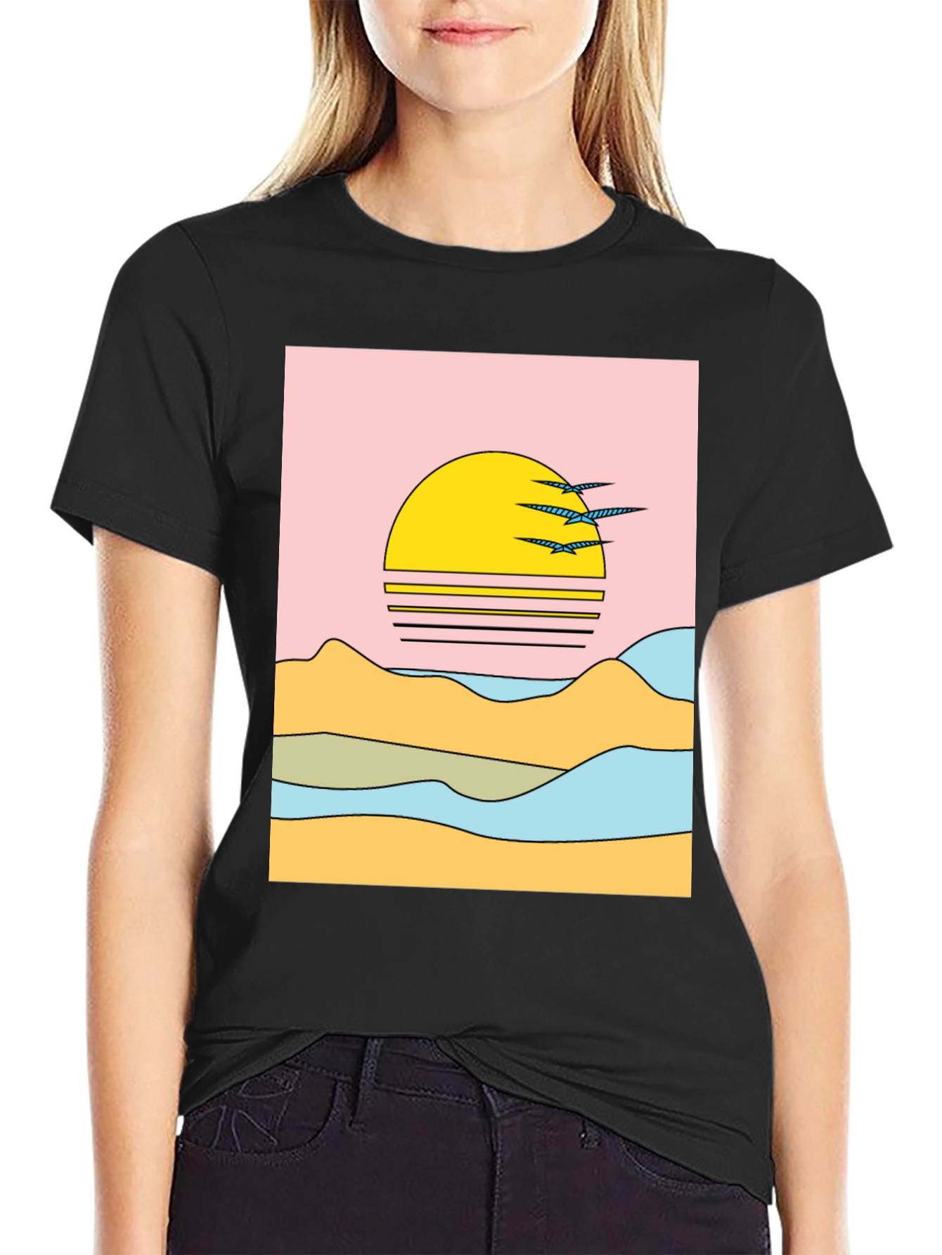 Retro Sunset Graphic Tee - Black Cotton Comfort