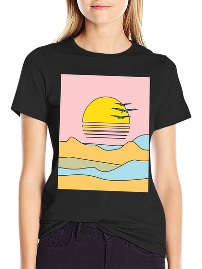 Retro Sunset Graphic Tee - Black Cotton Comfort