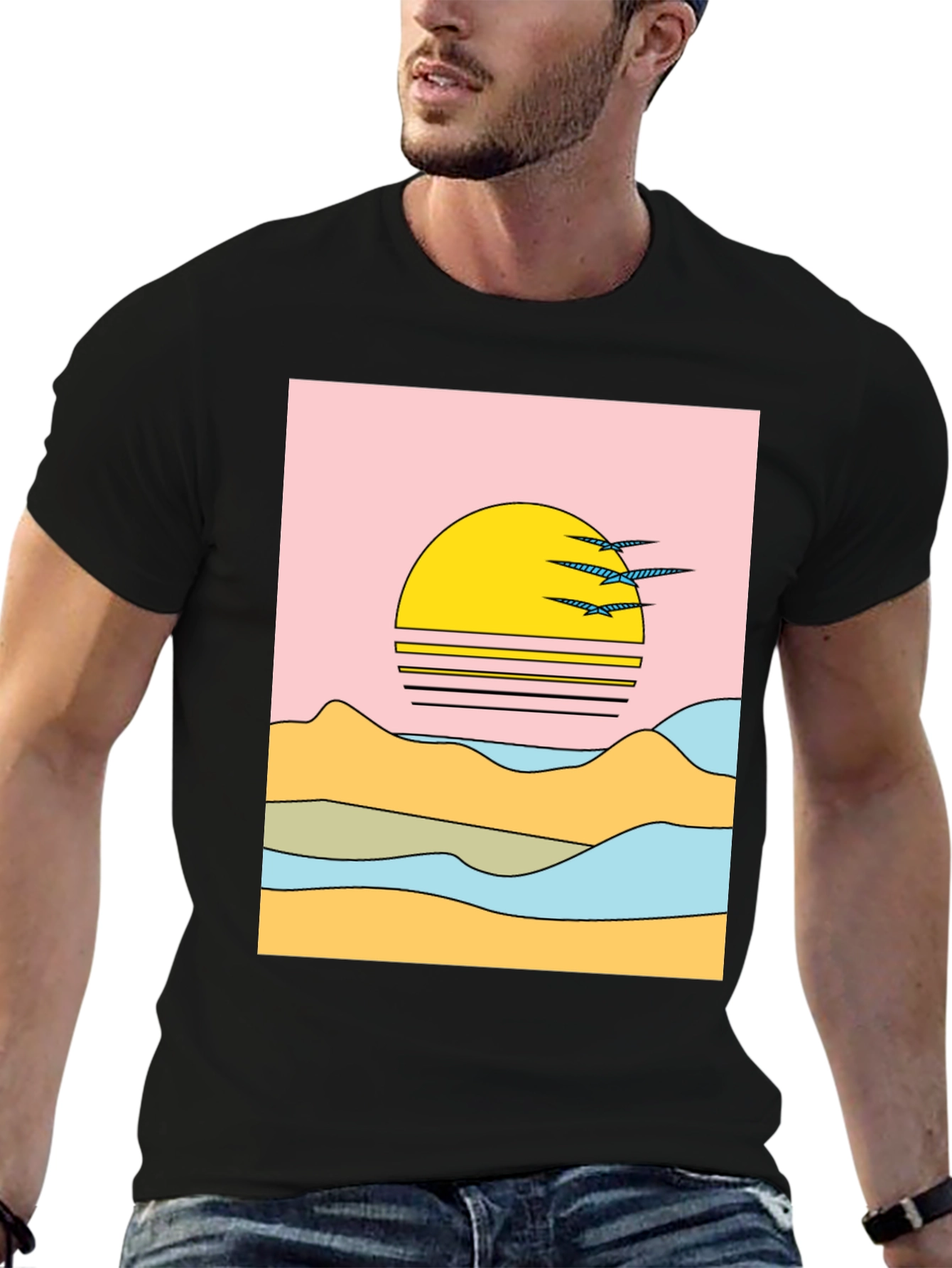 Retro Sunset Graphic Tee - Black Cotton Comfort