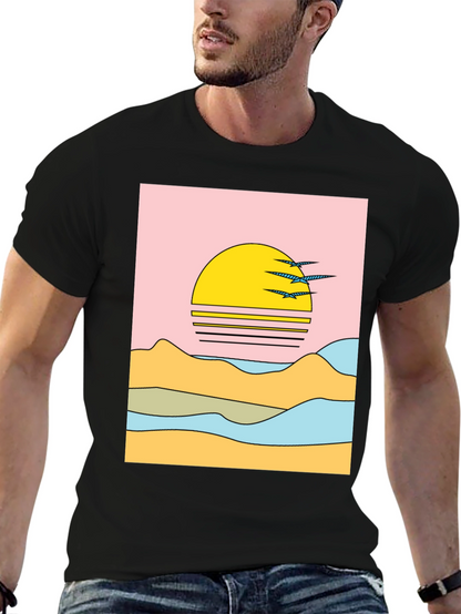 Retro Sunset Graphic Tee - Black Cotton Comfort