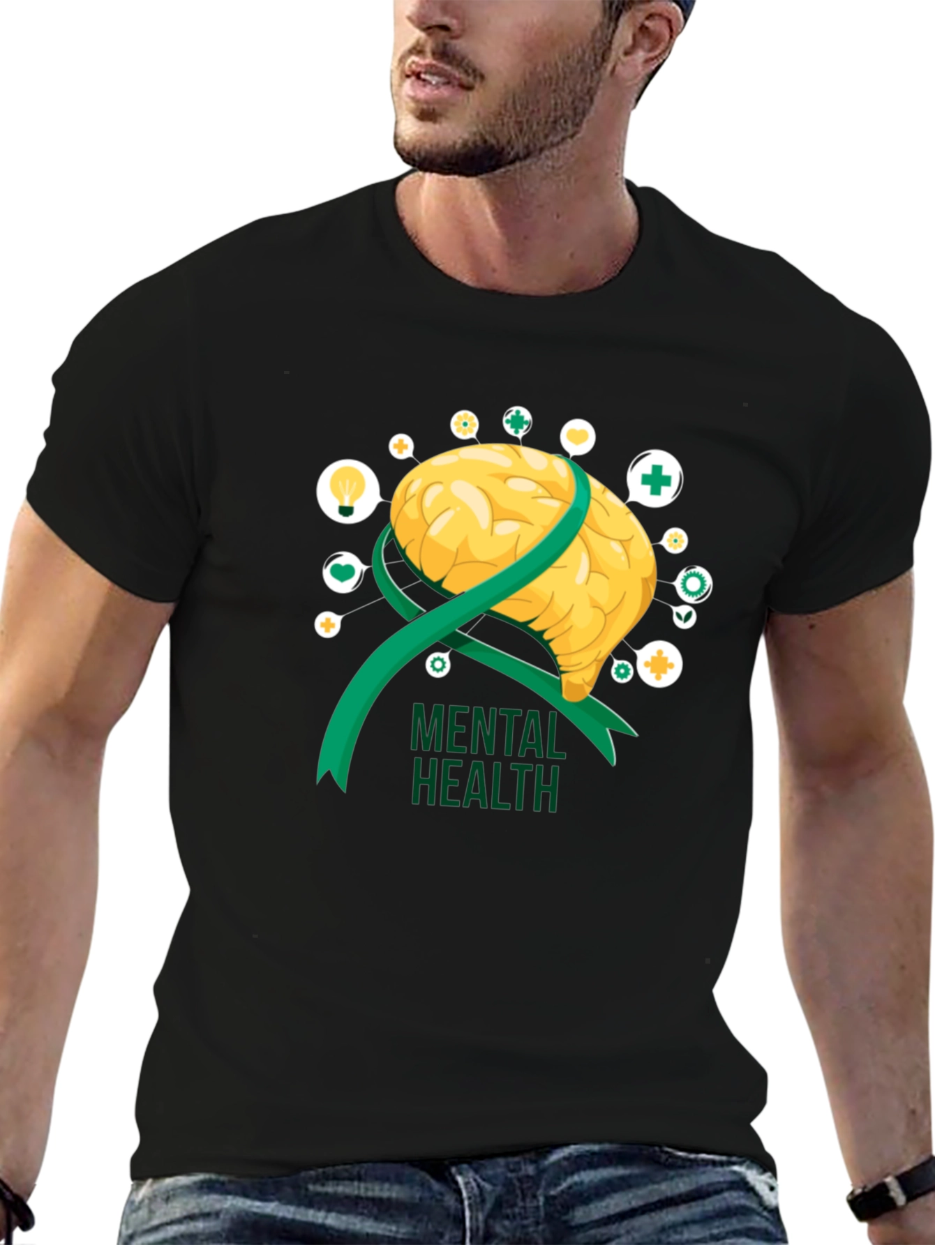 Mental Health Awareness T-Shirt: Brain & Ribbon Design