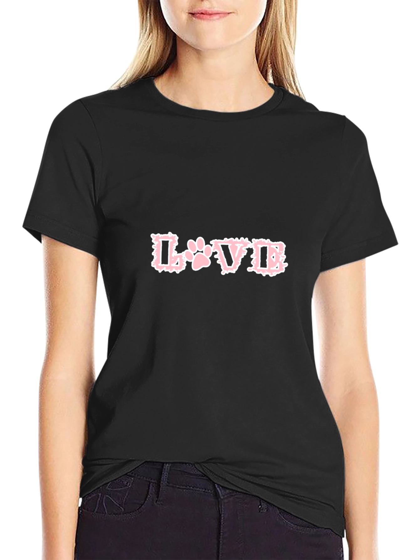 Love Paw Print T-Shirt - Black Crew Neck Tee