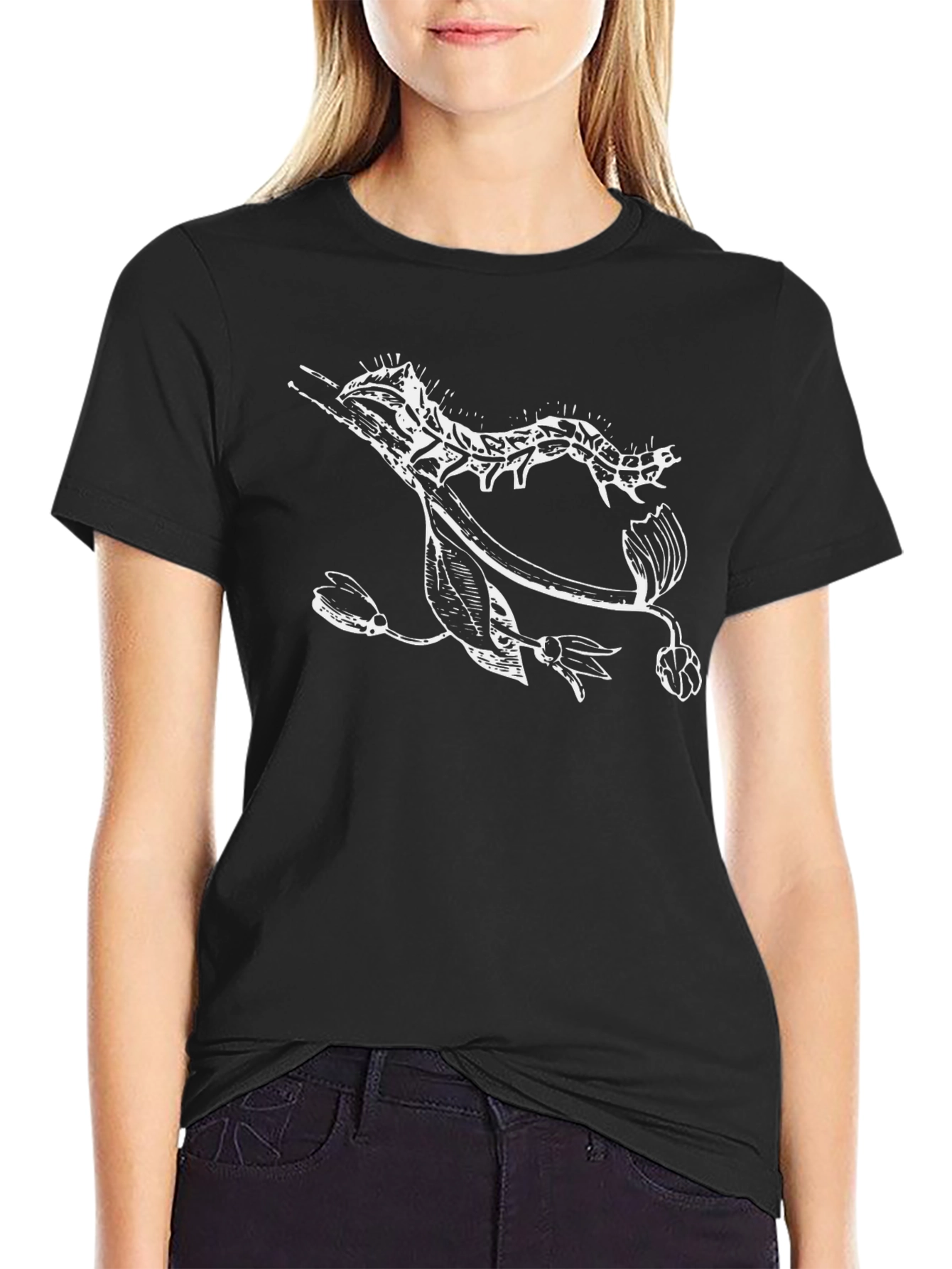 Unique Graphic Tee - Artistic Plant & Caterpillar Design