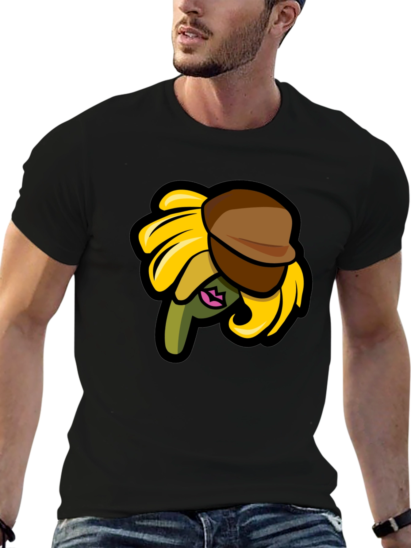 Sunflower Character on Black T-Shirt
