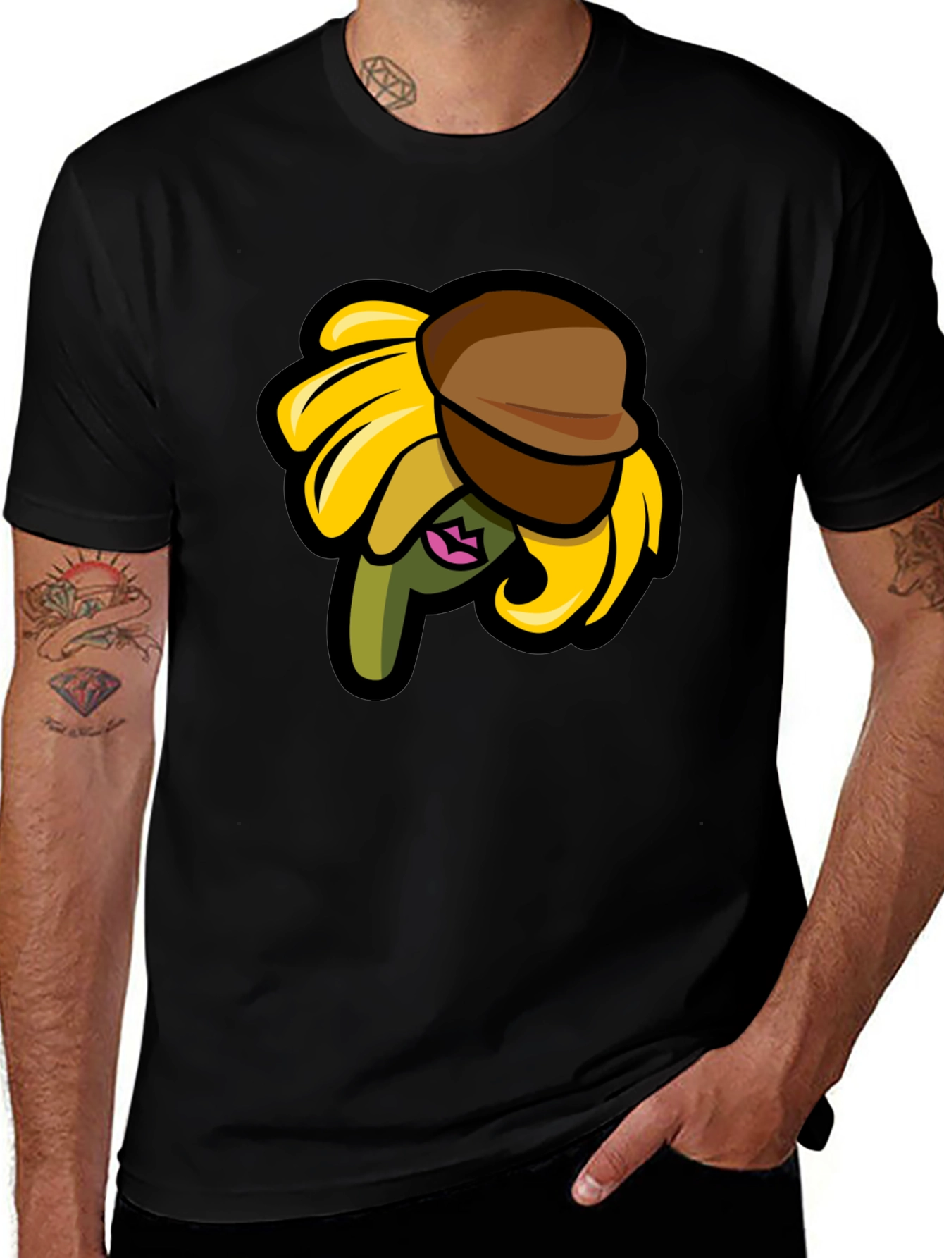 Sunflower Character on Black T-Shirt