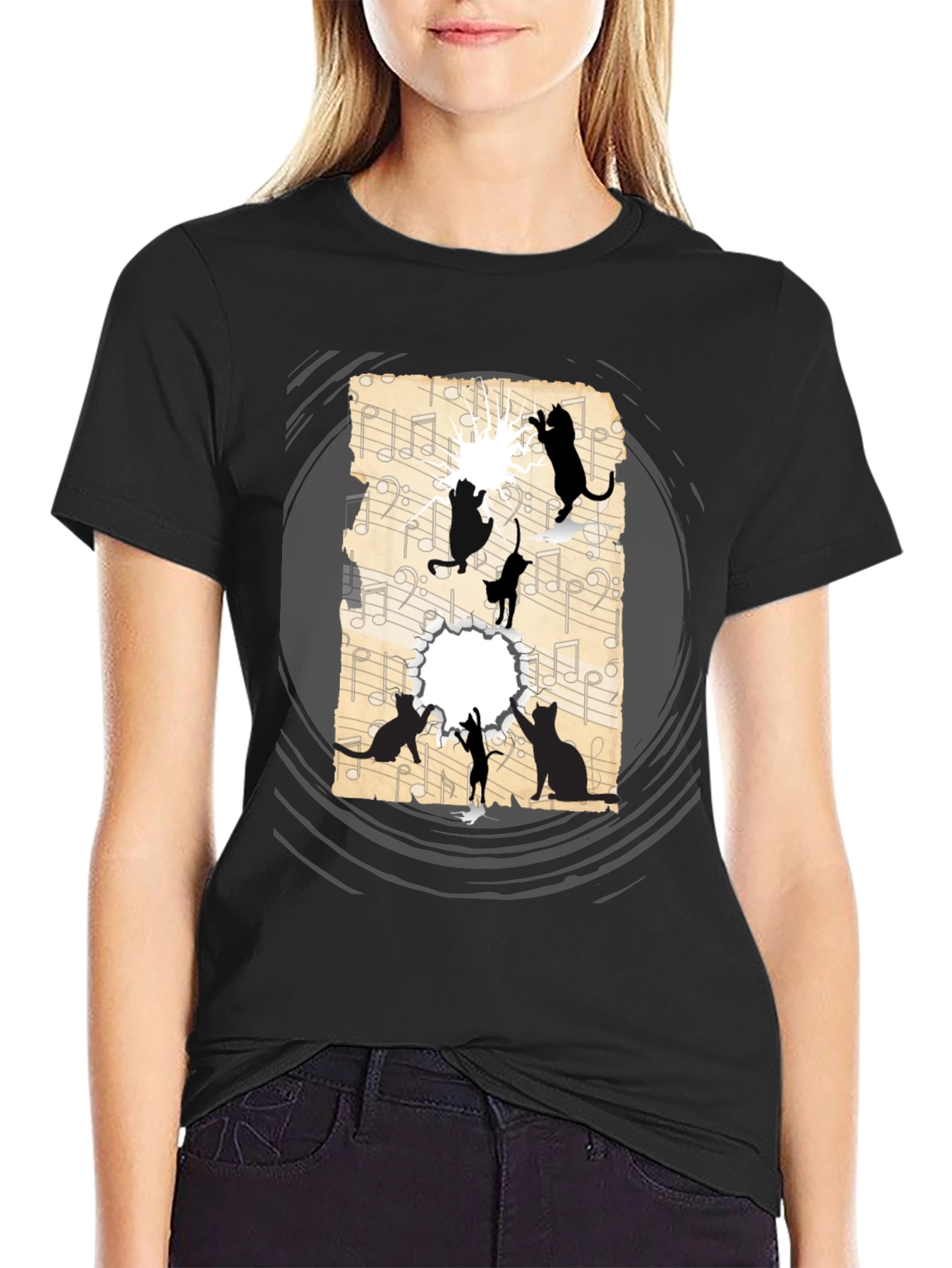 Cat Silhouette Music Sheet Graphic Tee