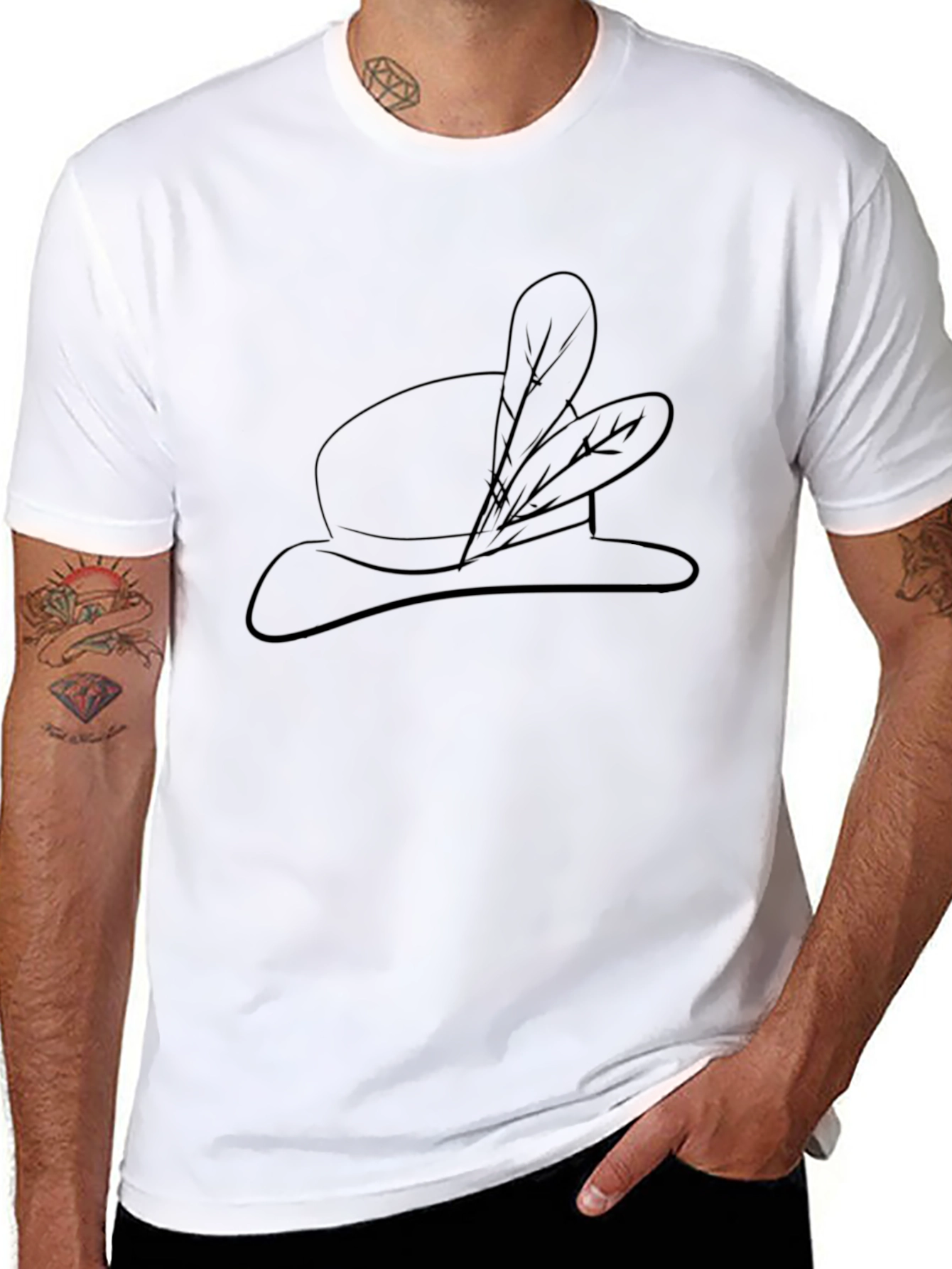 Stylish Black T-Shirt with Feathered Hat Design