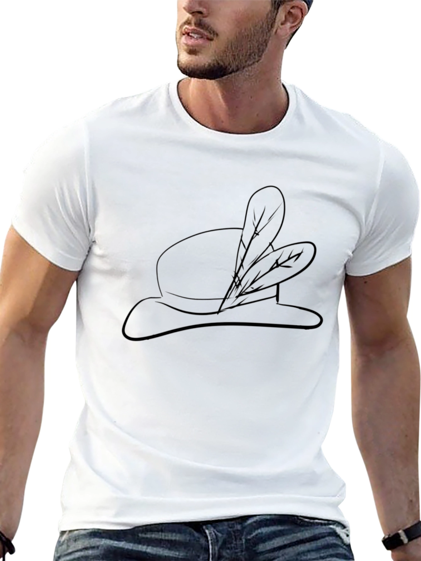 Stylish Black T-Shirt with Feathered Hat Design