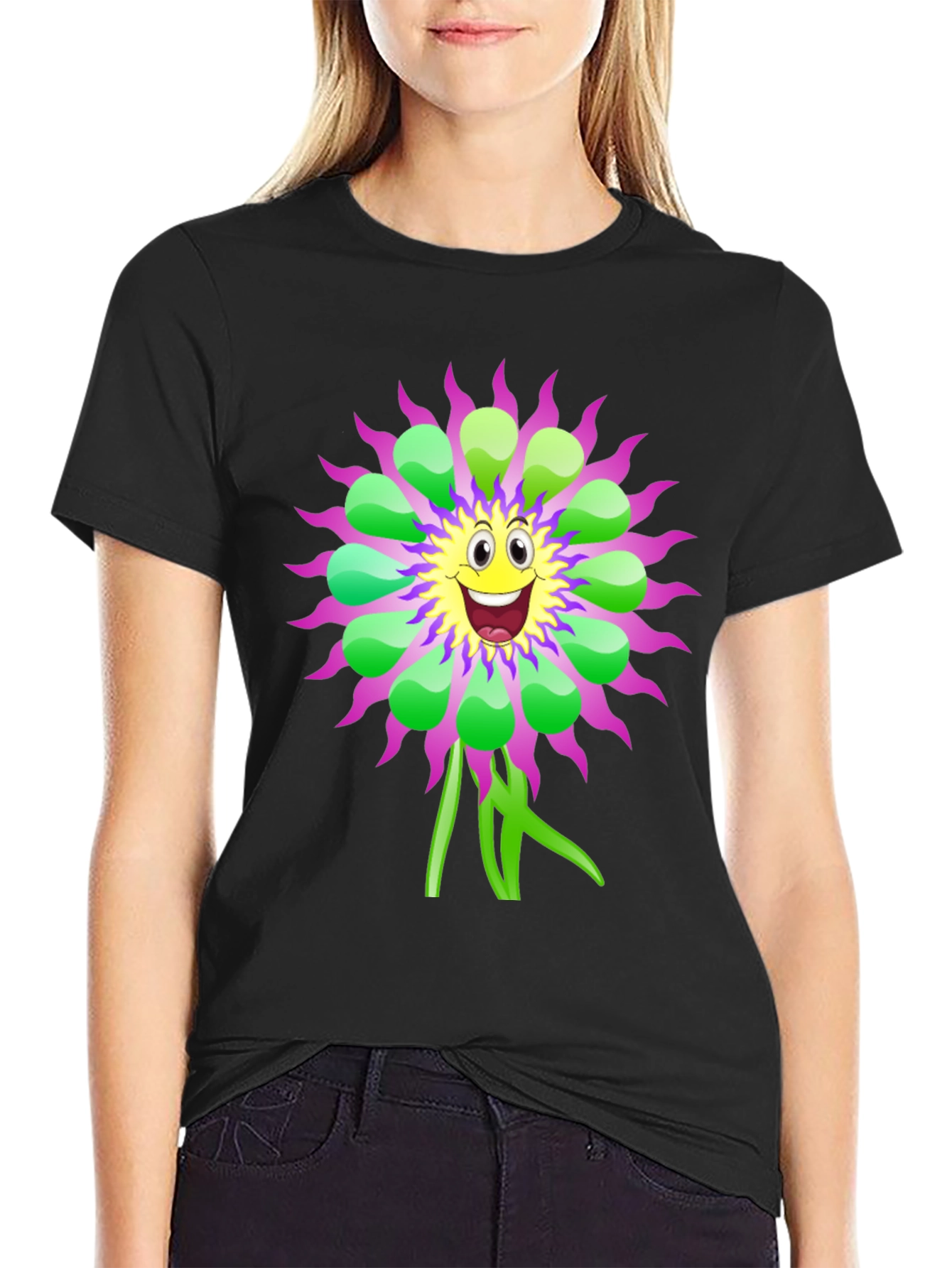 Whimsical Flower Graphic Tee - Black Cotton T-Shirt