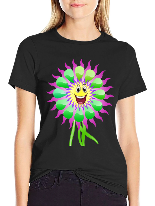 Whimsical Flower Graphic Tee - Black Cotton T-Shirt