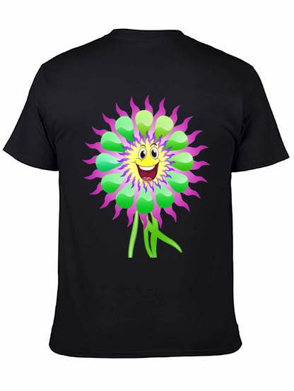 Whimsical Flower Graphic Tee - Black Cotton T-Shirt