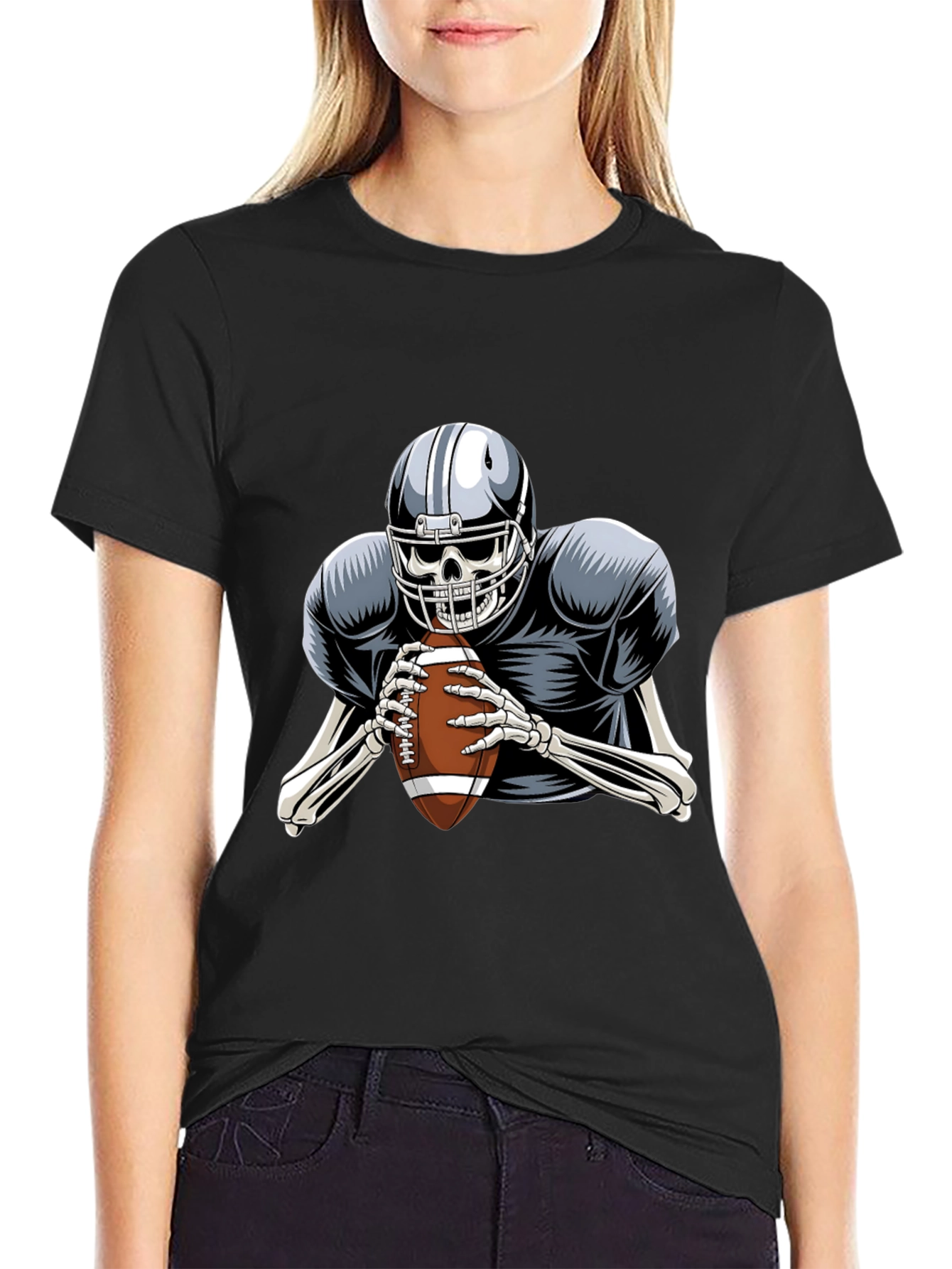 Skeleton Football Player Graphic Tee - Black