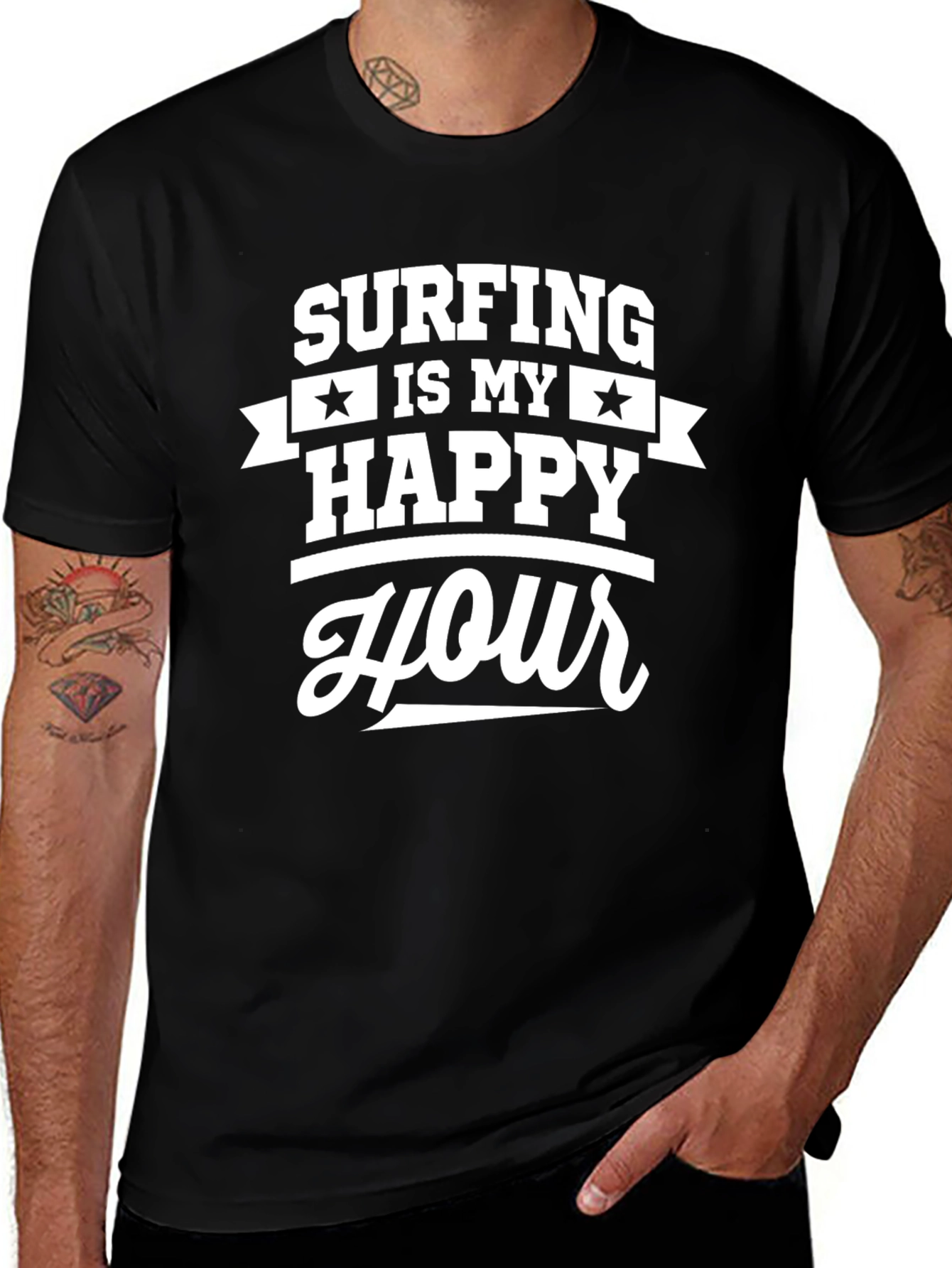 Surfing is My Happy Hour Graphic Tee - Black
