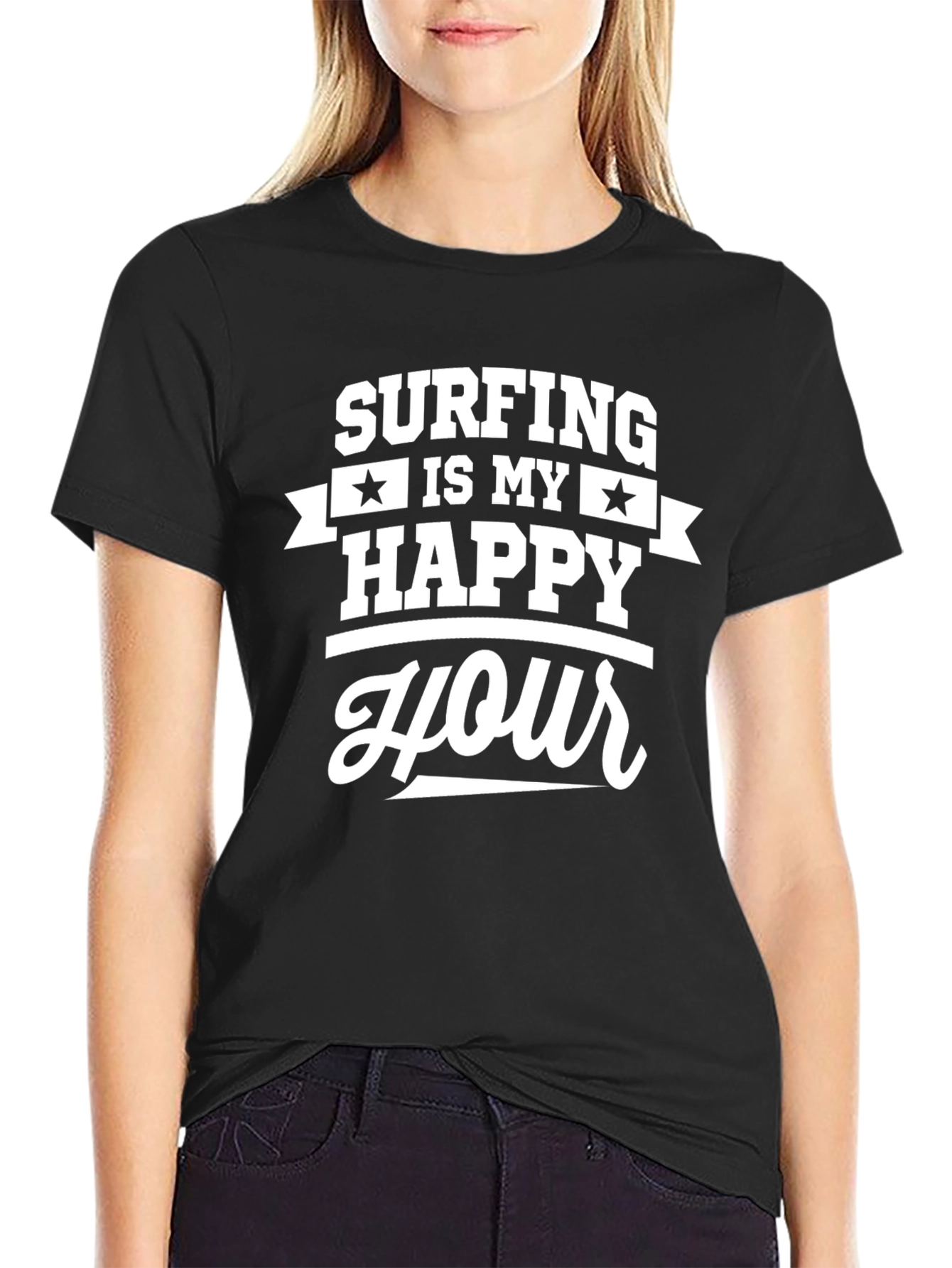 Surfing is My Happy Hour Graphic Tee - Black