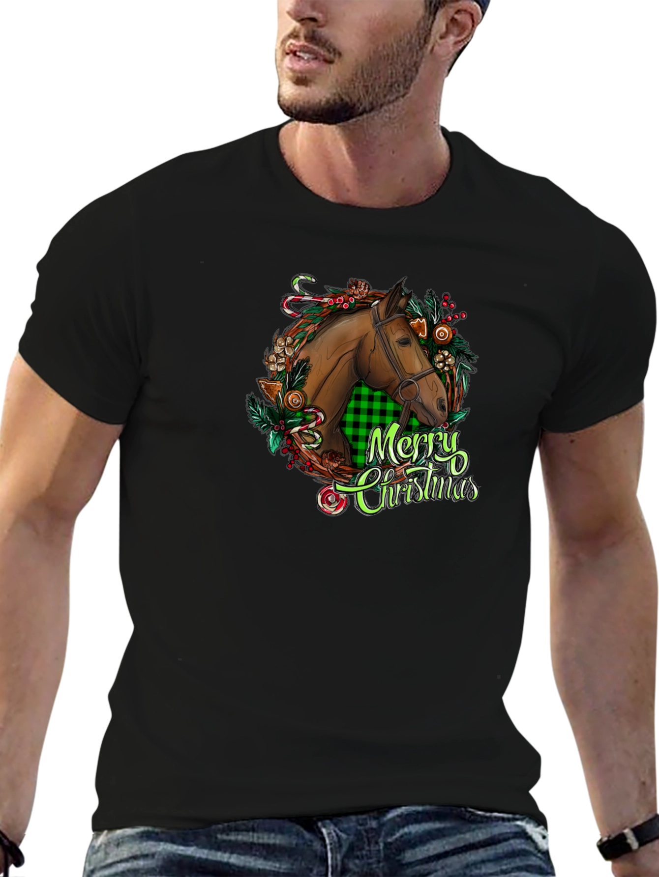 Christmas Horse Head Graphic Tee - Holiday Gift