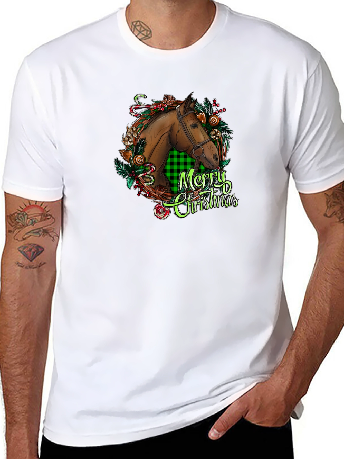 Christmas Horse Head Graphic Tee - Holiday Gift