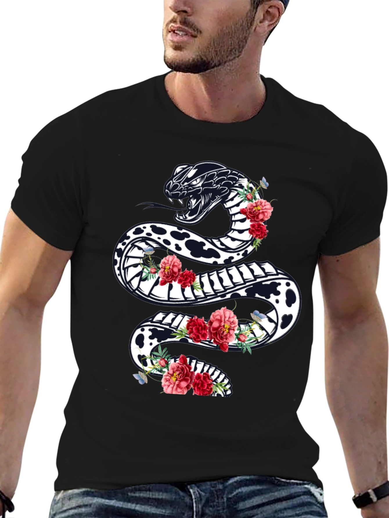 Black Floral Snake Graphic Tee