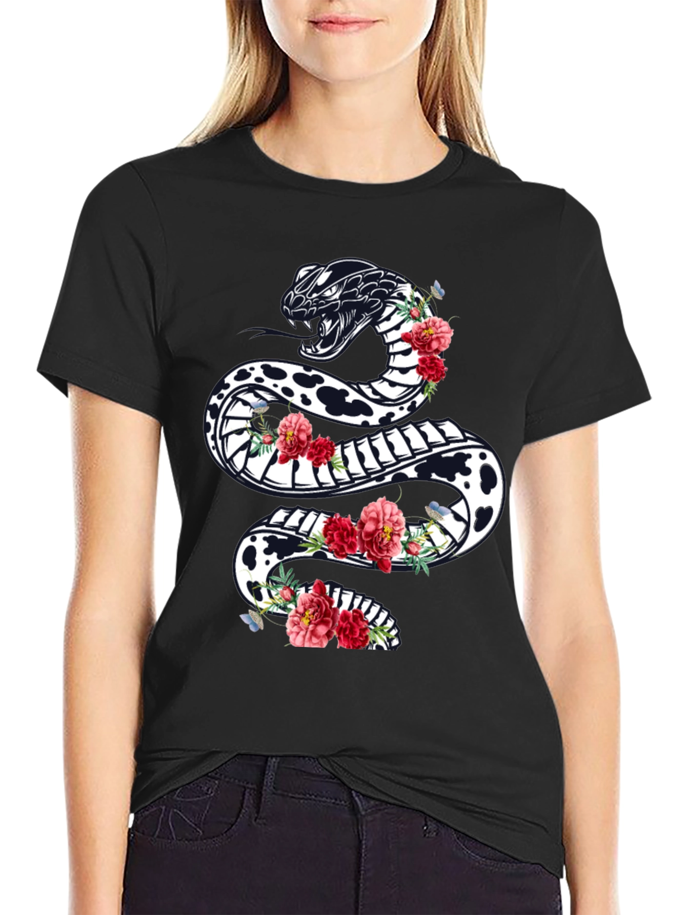 Black Floral Snake Graphic Tee