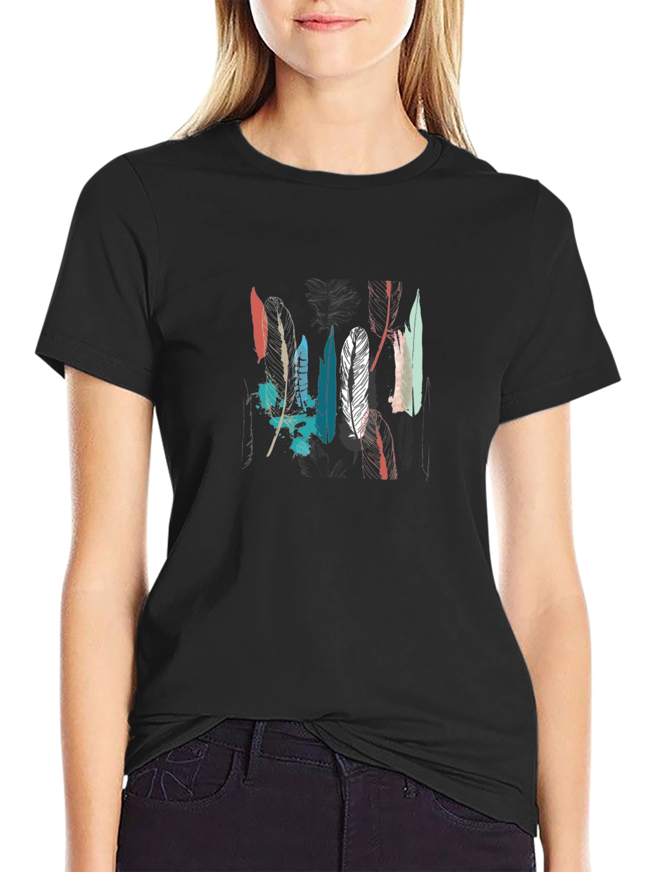 Feather Graphic Tee - Black Cotton T-Shirt