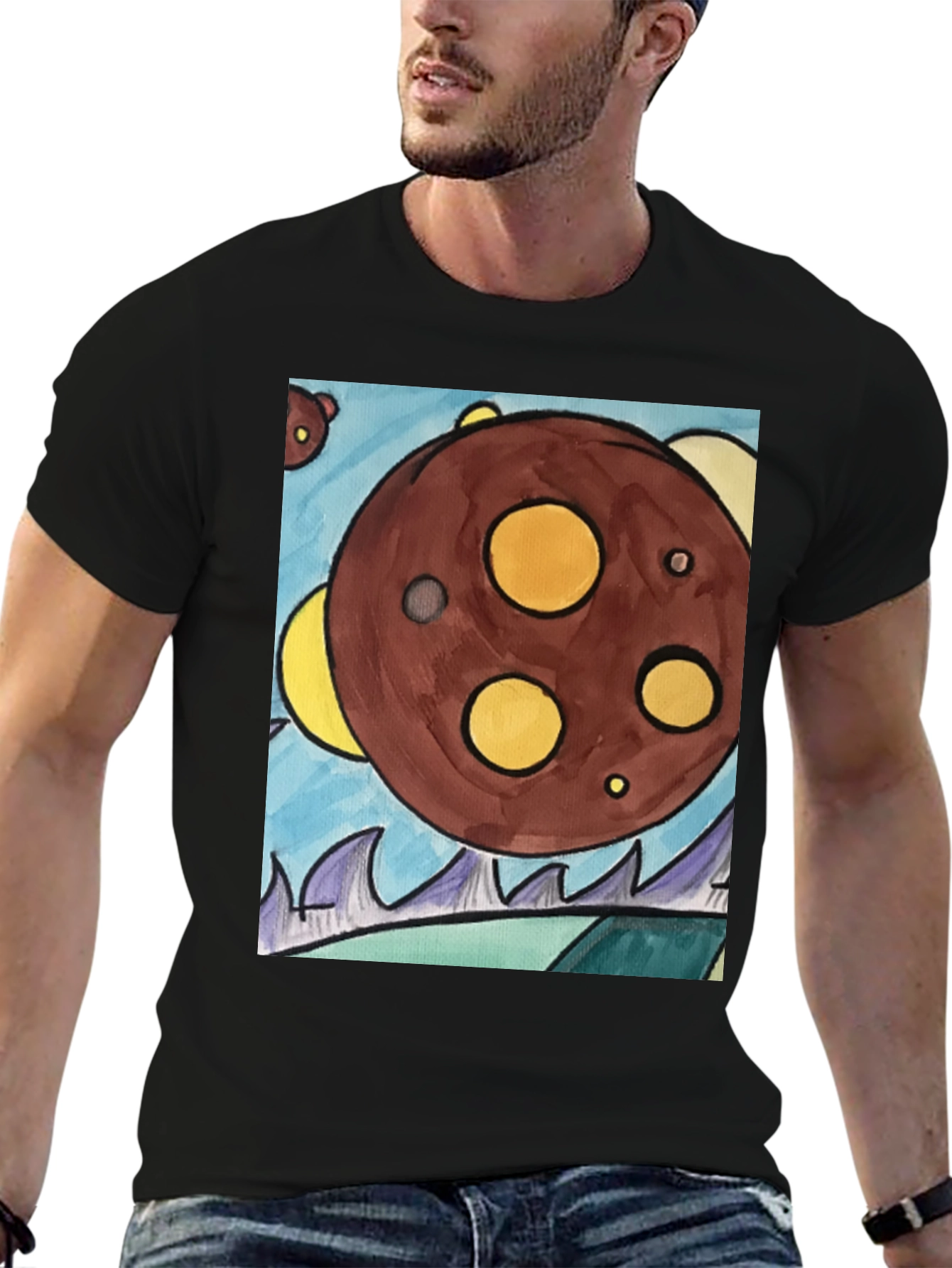 Cartoon Planet Graphic T-Shirt - Black Cotton Tee