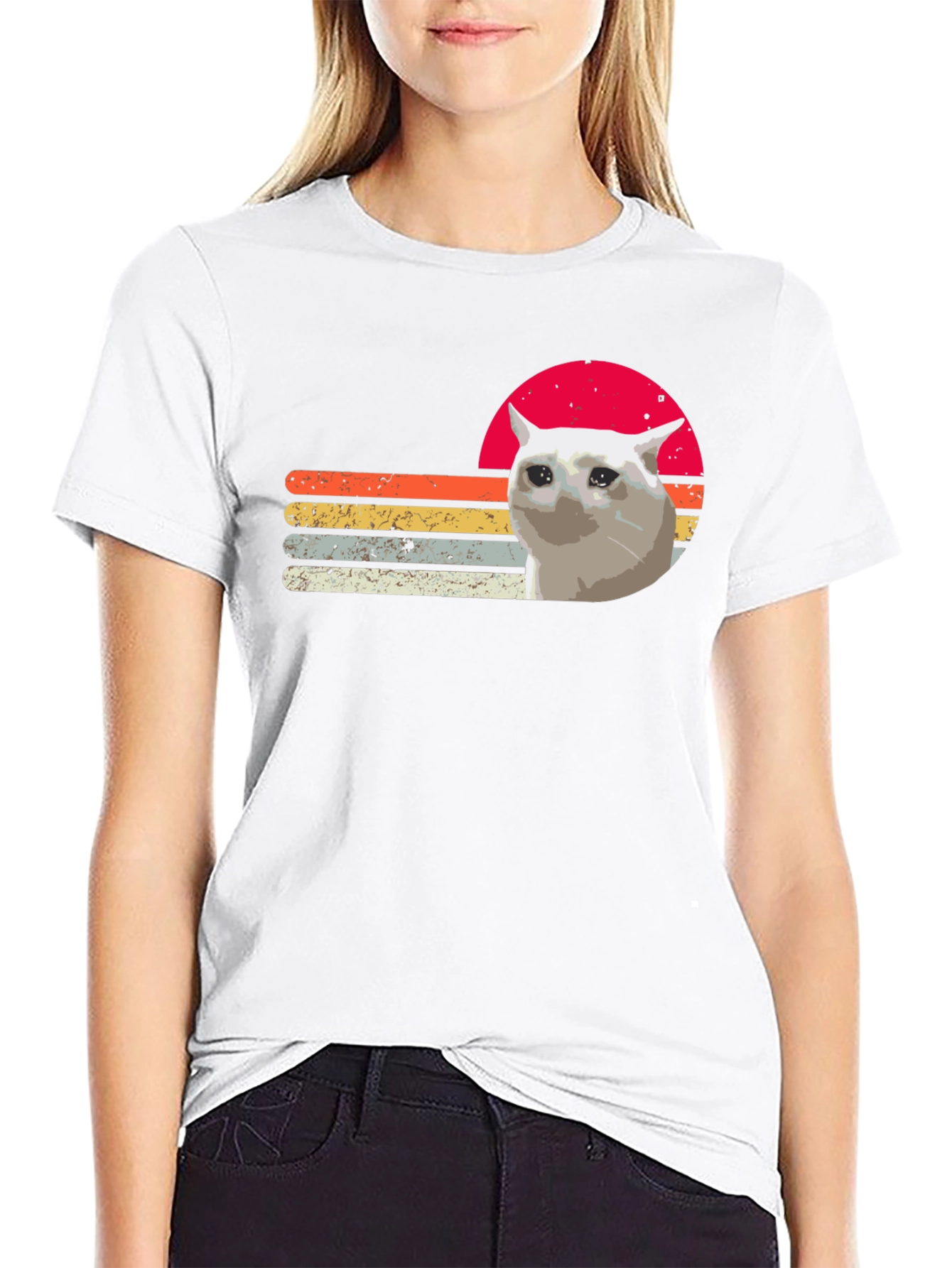 Sad Cat Retro Sunset T-Shirt - Funny Meme Tee