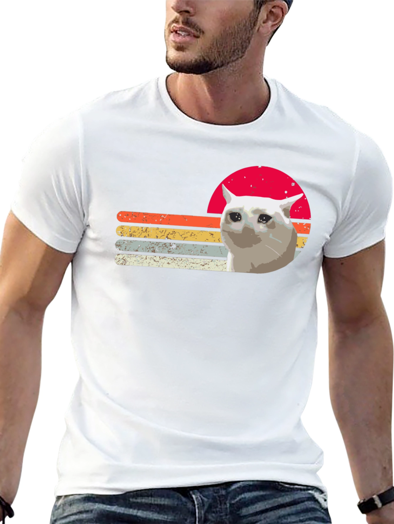Sad Cat Retro Sunset T-Shirt - Funny Meme Tee