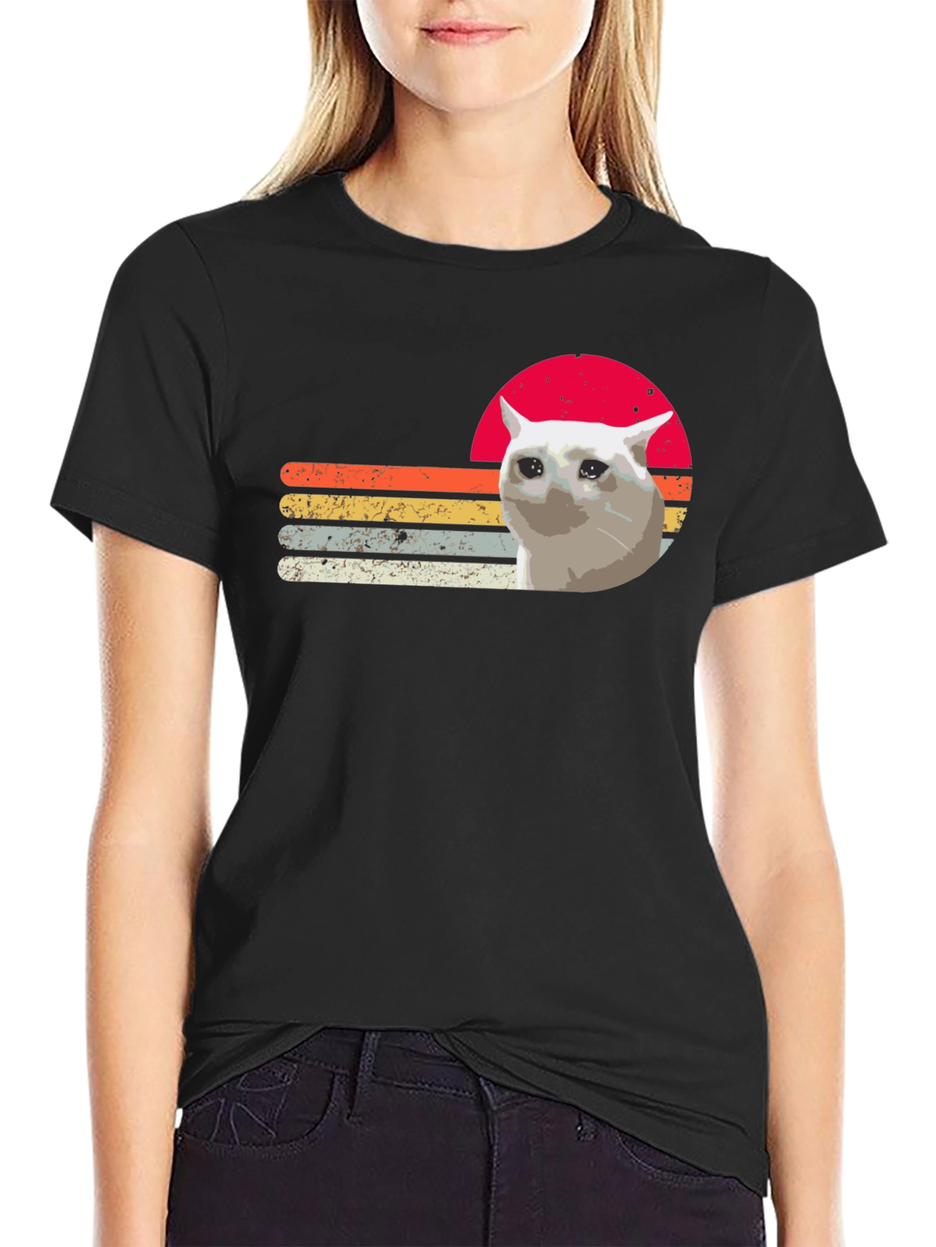 Sad Cat Retro Sunset T-Shirt - Funny Meme Tee