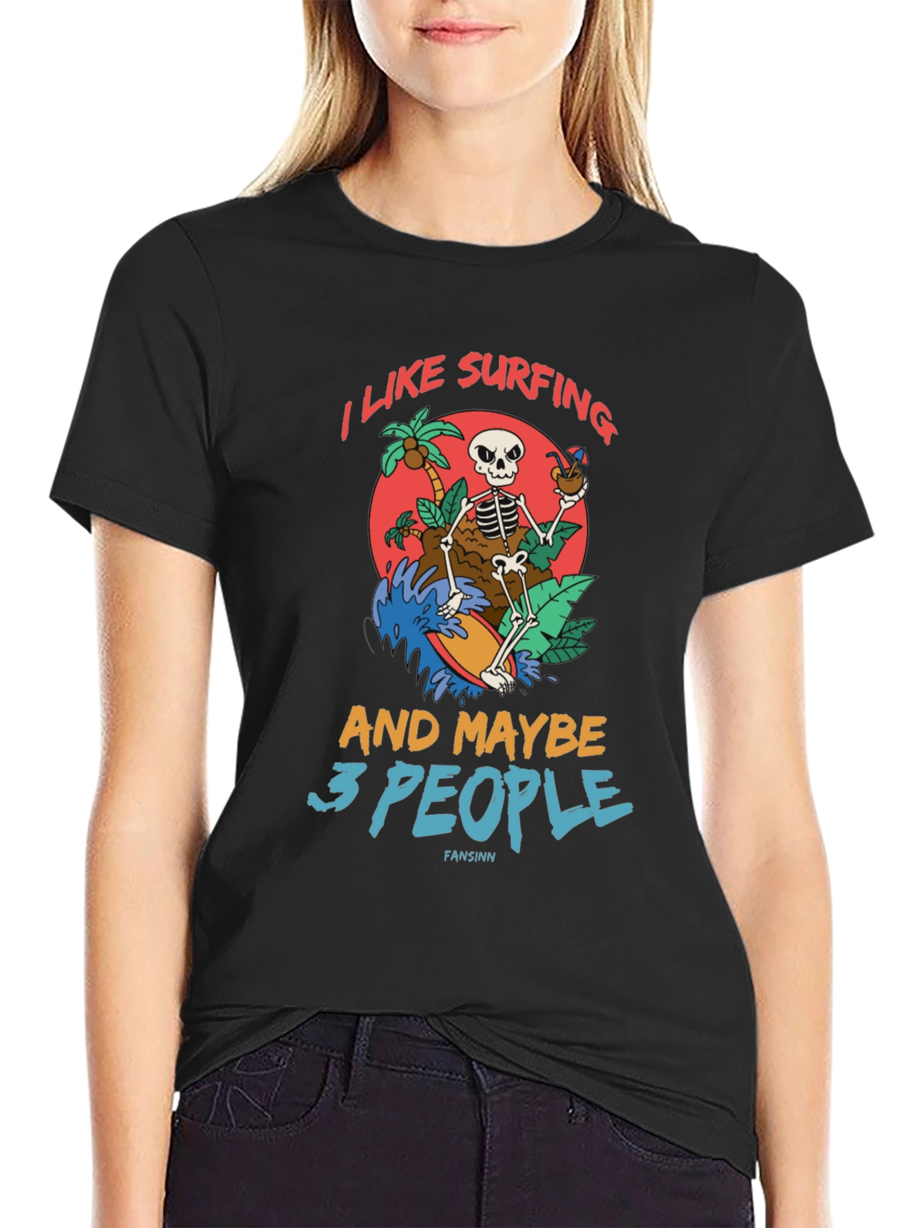 Humorous Skeleton Surfing Graphic Tee