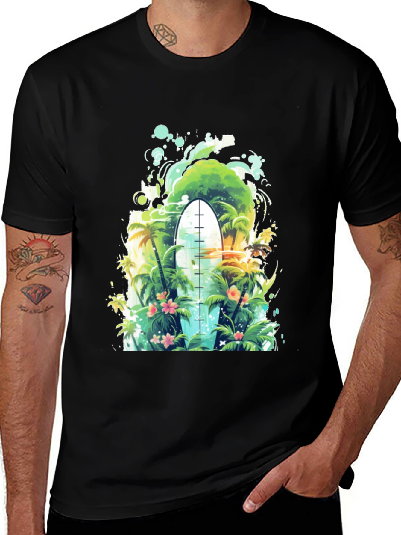 Surfs Up Tee: Tropical Island Surfboard Graphic T-Shirt