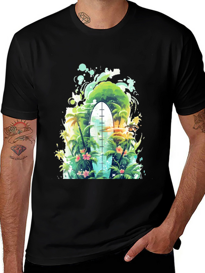 Surfs Up Tee: Tropical Island Surfboard Graphic T-Shirt