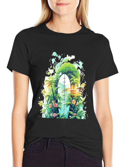 Surfs Up Tee: Tropical Island Surfboard Graphic T-Shirt