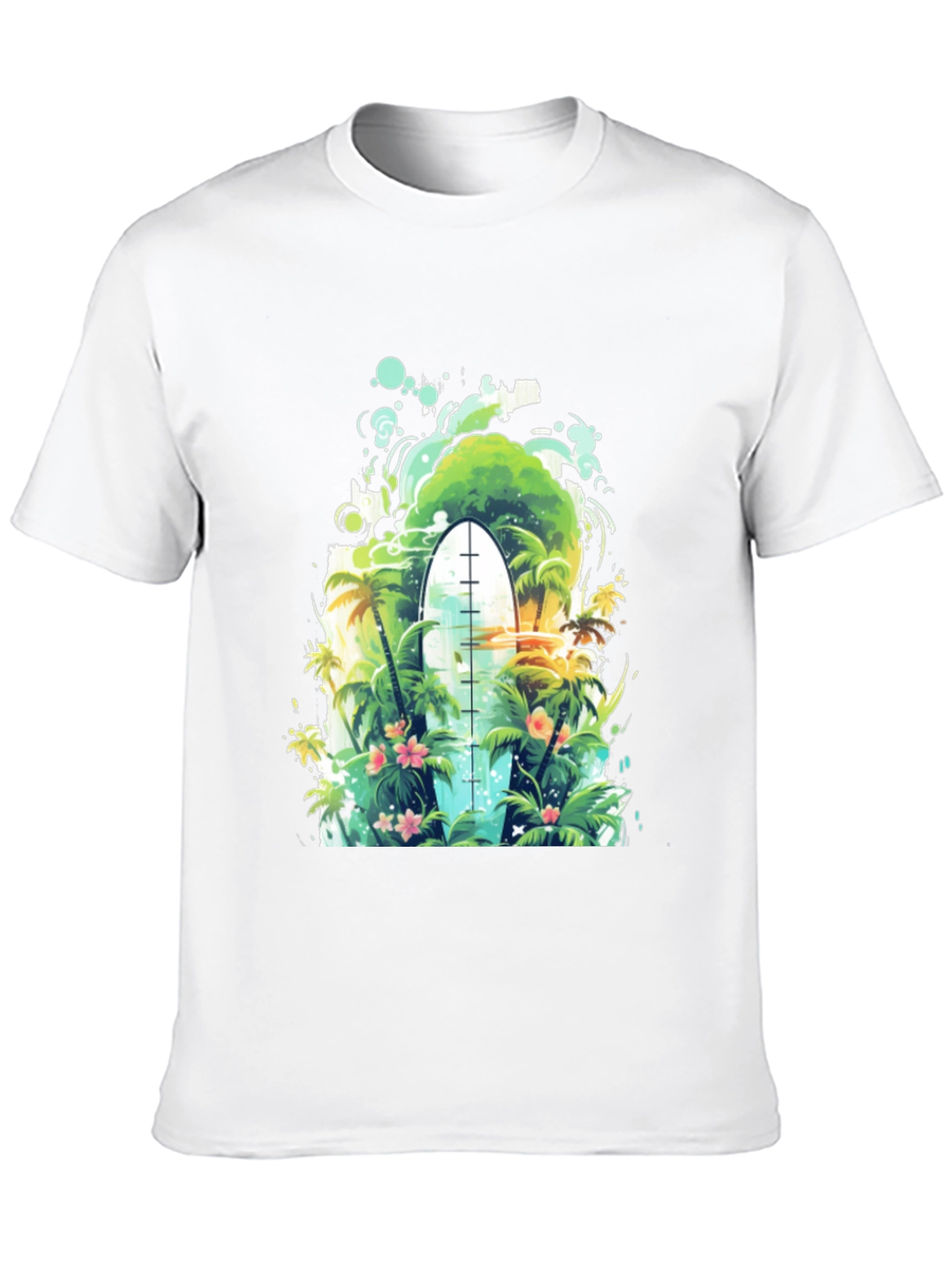 Surfs Up Tee: Tropical Island Surfboard Graphic T-Shirt