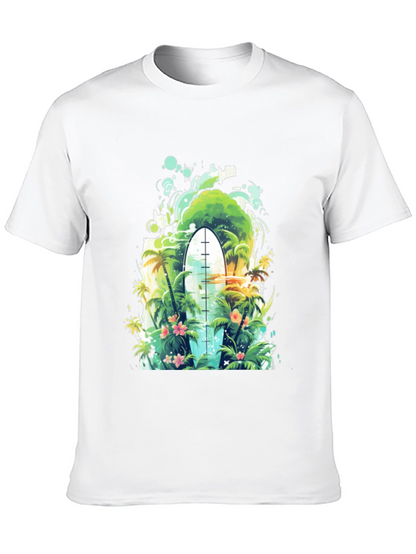 Surfs Up Tee: Tropical Island Surfboard Graphic T-Shirt