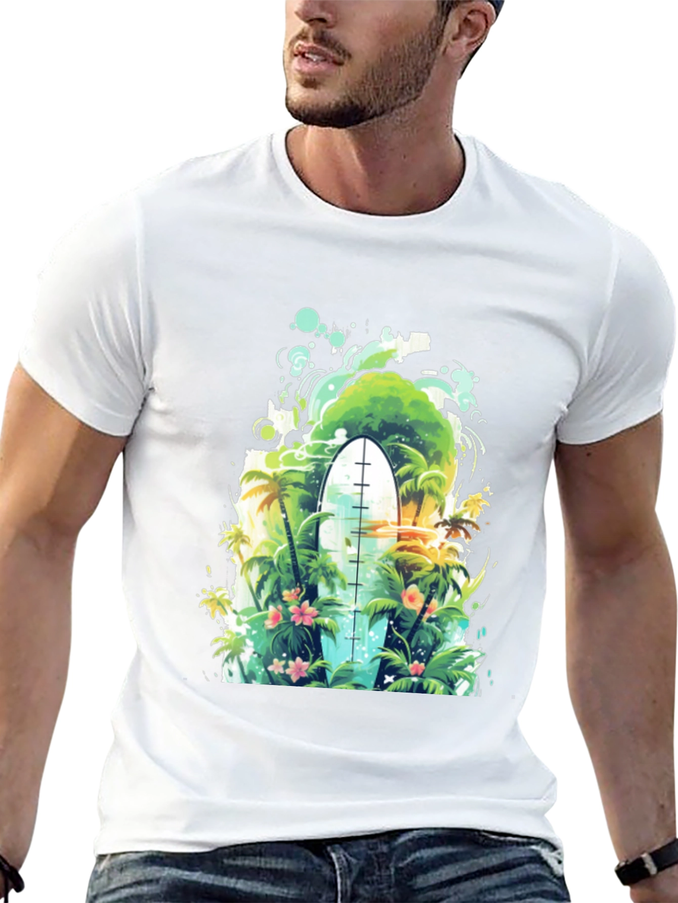 Surfs Up Tee: Tropical Island Surfboard Graphic T-Shirt