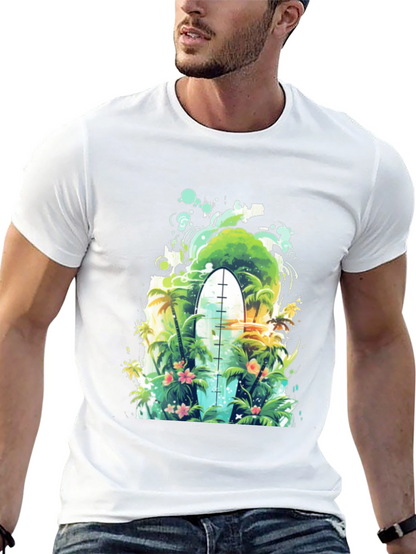 Surfs Up Tee: Tropical Island Surfboard Graphic T-Shirt