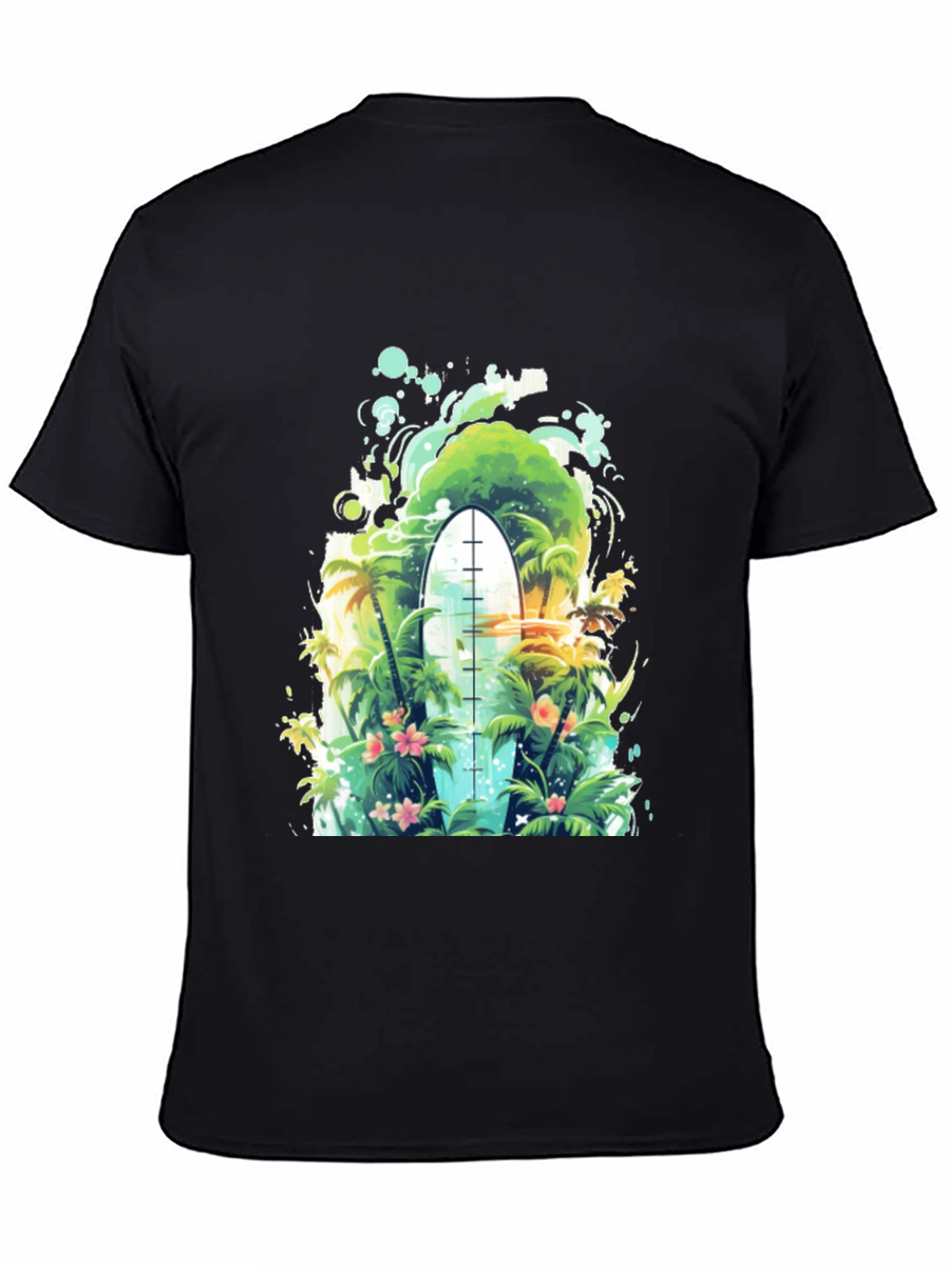 Surfs Up Tee: Tropical Island Surfboard Graphic T-Shirt