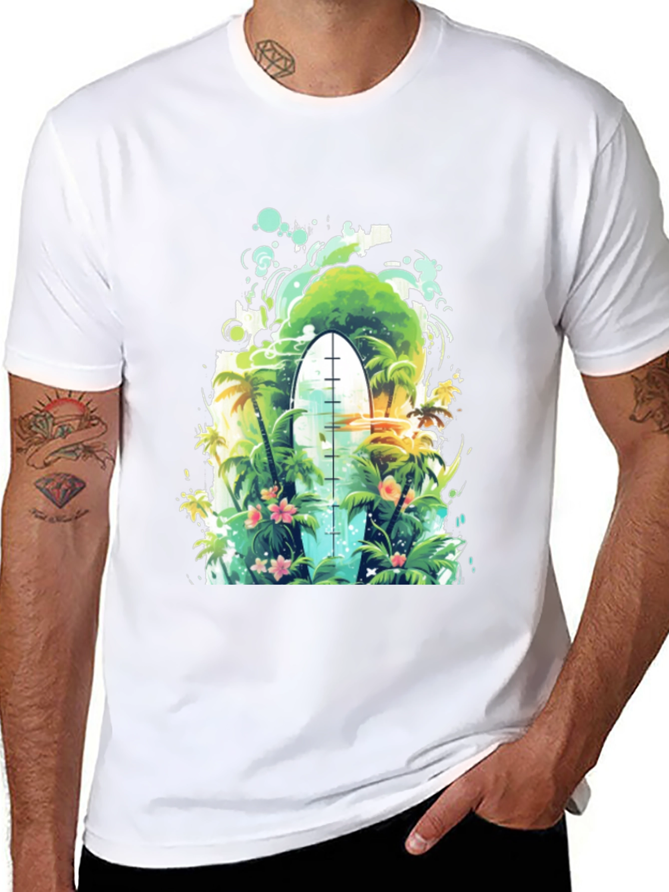 Surfs Up Tee: Tropical Island Surfboard Graphic T-Shirt
