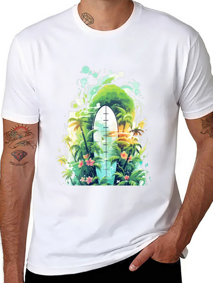 Surfs Up Tee: Tropical Island Surfboard Graphic T-Shirt