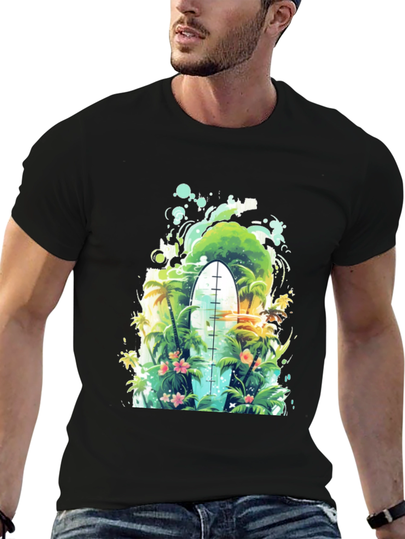 Surfs Up Tee: Tropical Island Surfboard Graphic T-Shirt