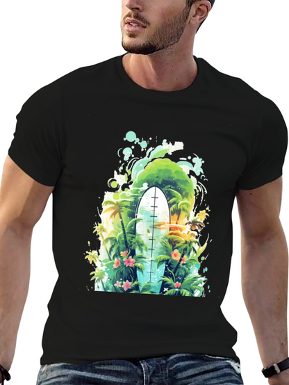 Surfs Up Tee: Tropical Island Surfboard Graphic T-Shirt